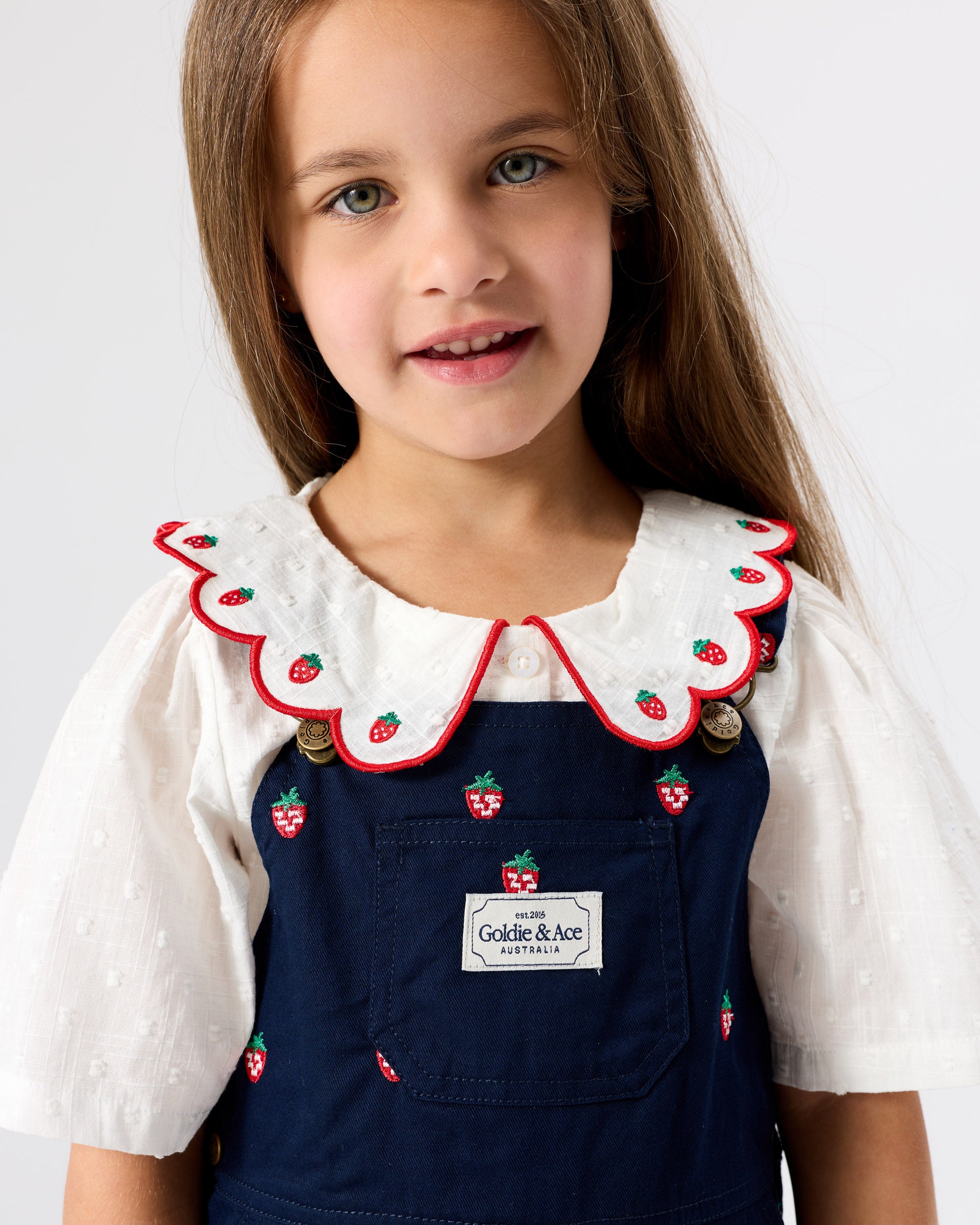 Goldie + Ace - Mini Strawberry Embroidered Burton Overalls