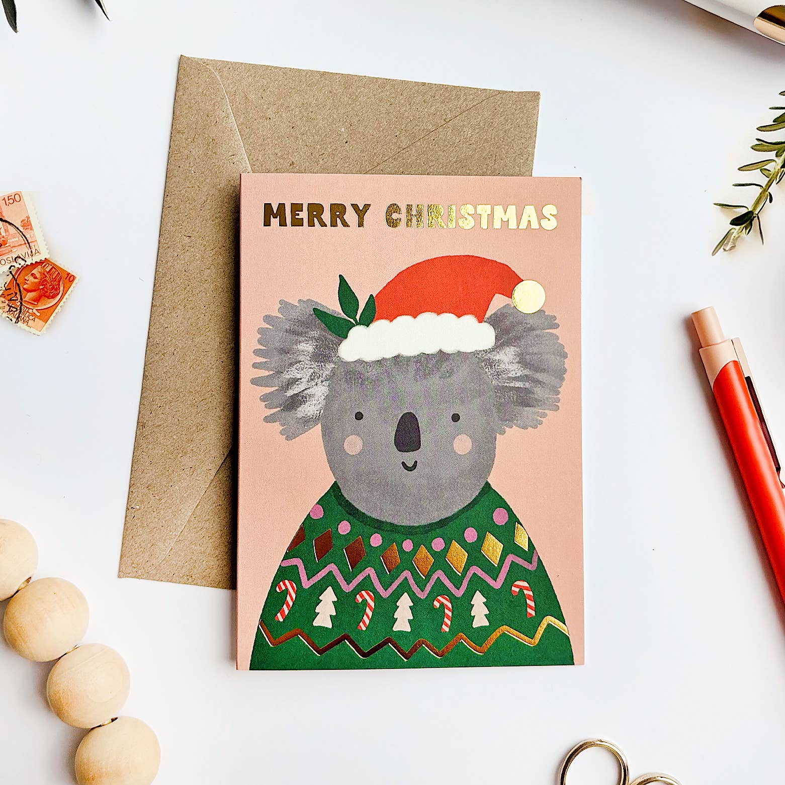 Lauren Sissons Studio - Merry Christmas Koala Gold Foil Card