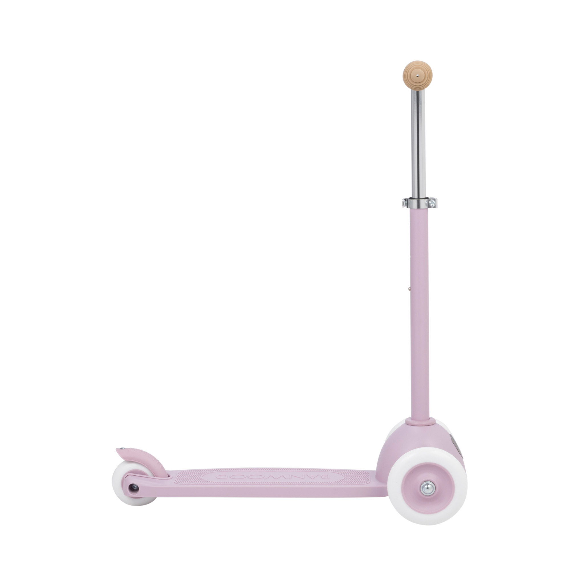 The Banwood - Eco Scooter Lavender by BANWOOD is a pink, three-wheeled child's scooter with white wheels and a simple design, crafted for sustainability from recycled plastic. It features a textured deck, tan grip on the handlebar, and is showcased in profile against a plain white background.