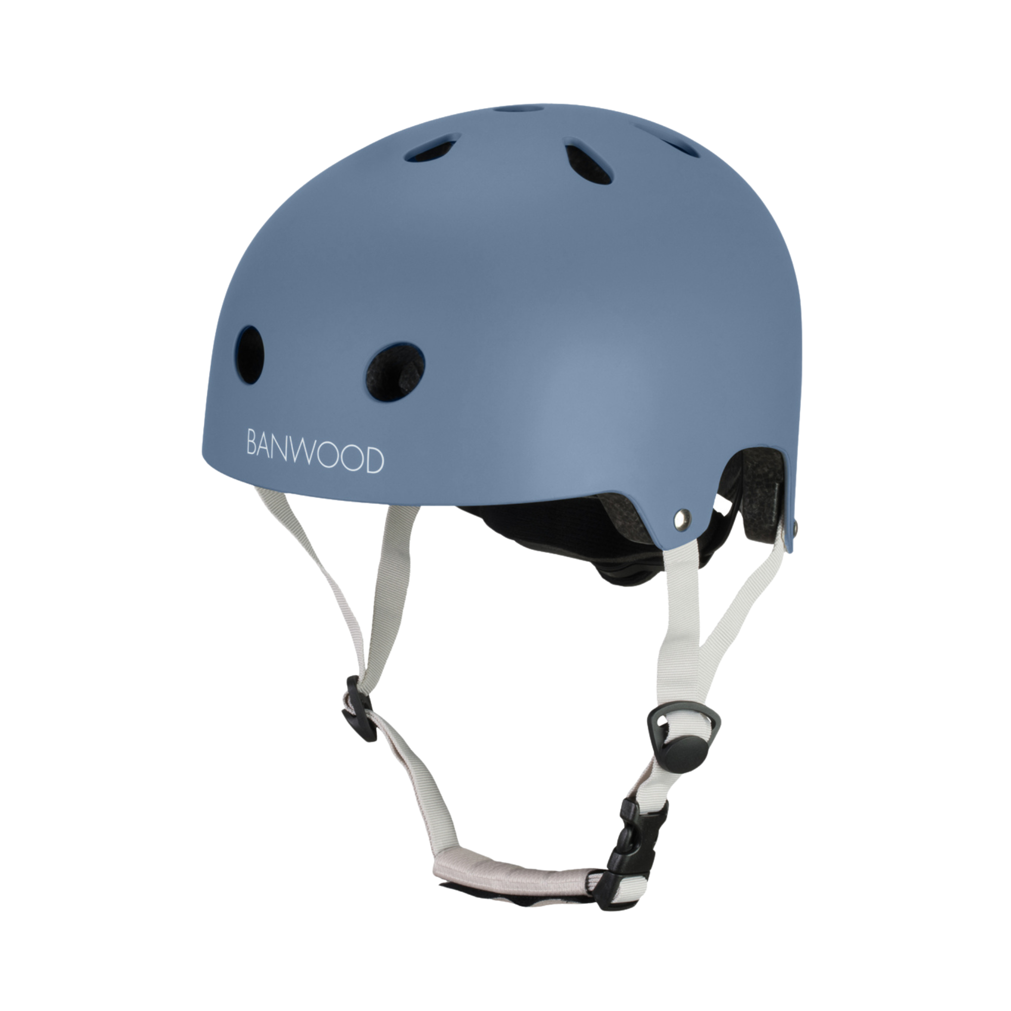 The Banwood Eco Helmet Deep Sea showcases safety and sustainability with its blue recycled materials, ventilation holes, and adjustable white chin straps. Set against a plain white background, it features the BANWOOD branding on the side.