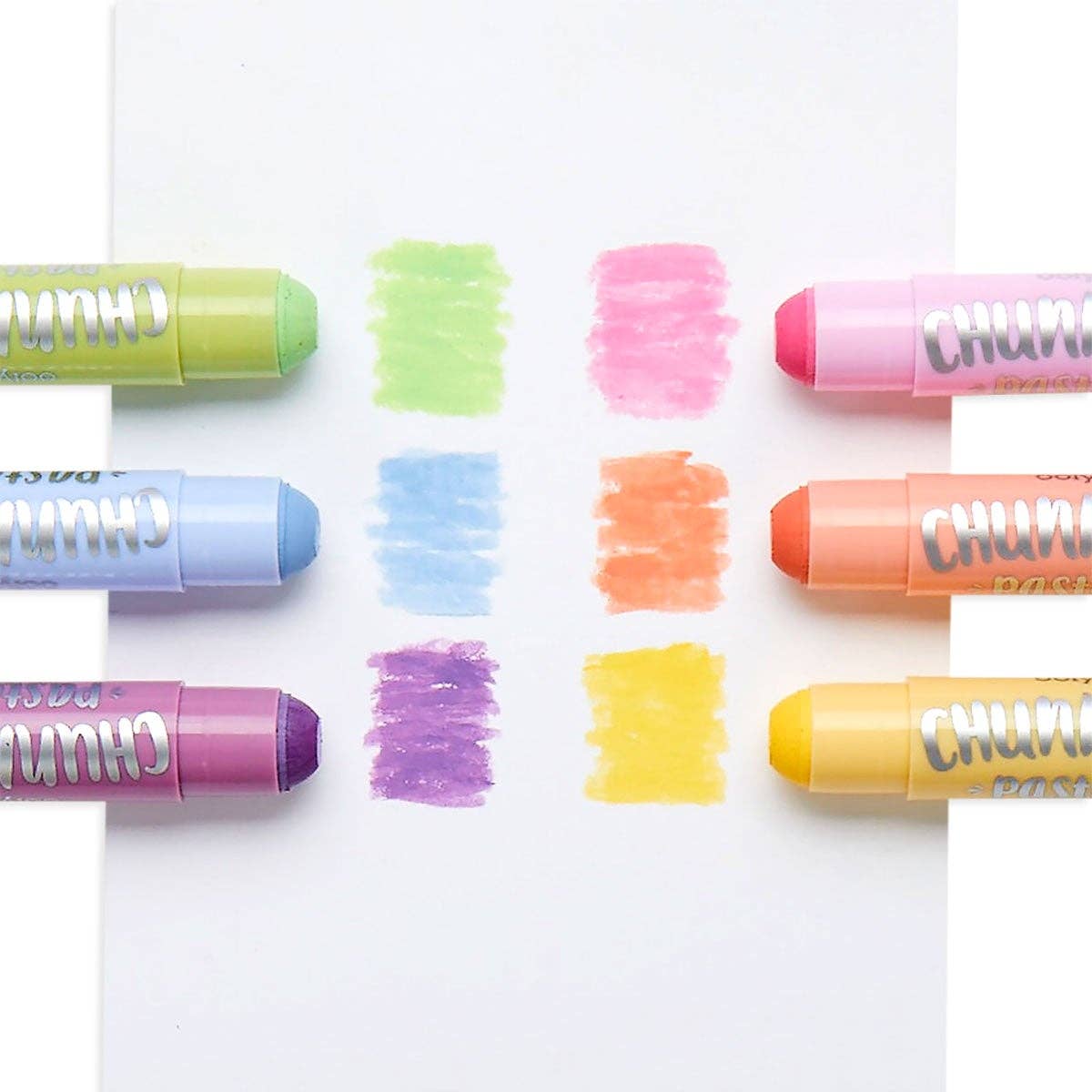 the green, blue, purple, pink, orange and yellow pastel chunkies paint sticks by OOLY.