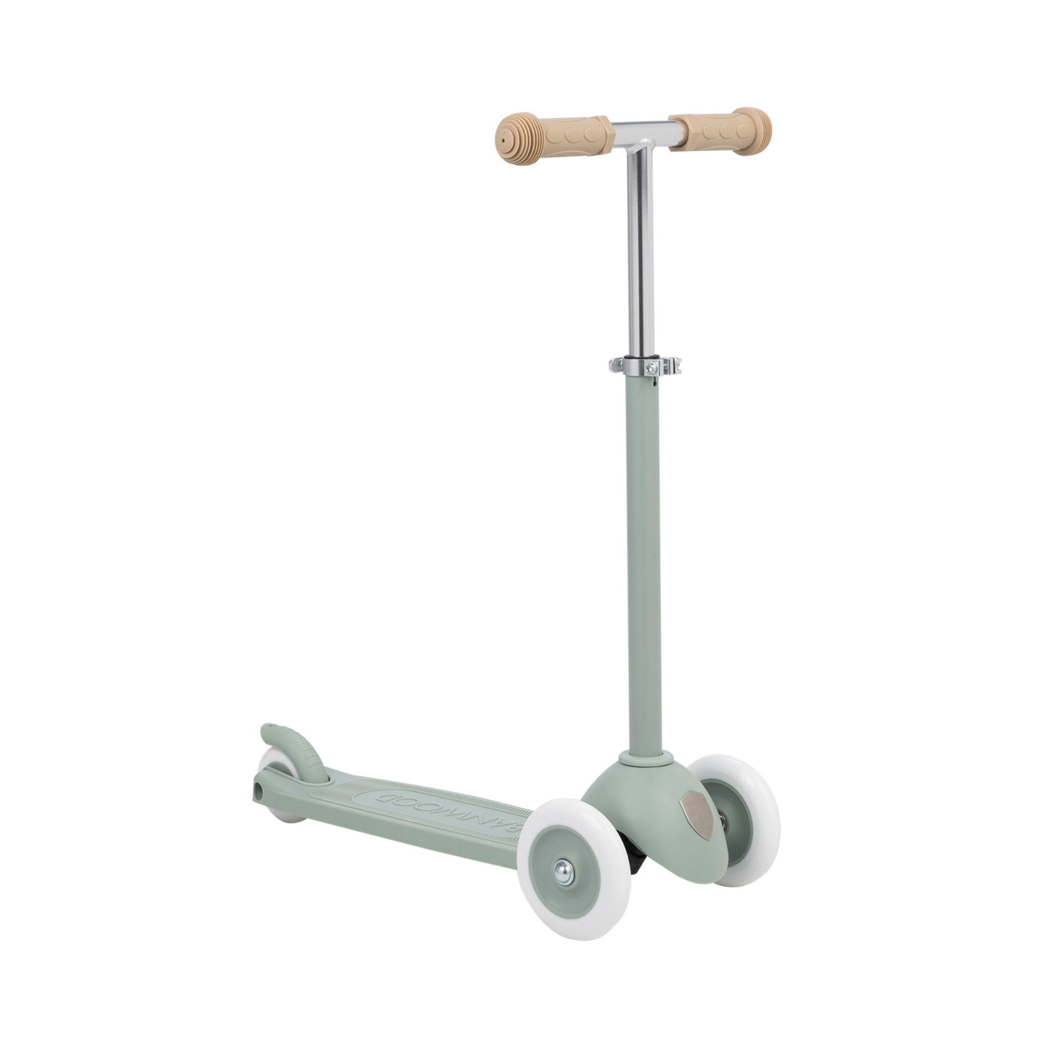 The Banwood Eco Scooter Clay by BANWOOD is a green, three-wheeled kick scooter made from recycled plastic. It has a silver adjustable T-bar handle, light brown grips, and white wheels. The deck matches the green frame for a cohesive sustainable design.