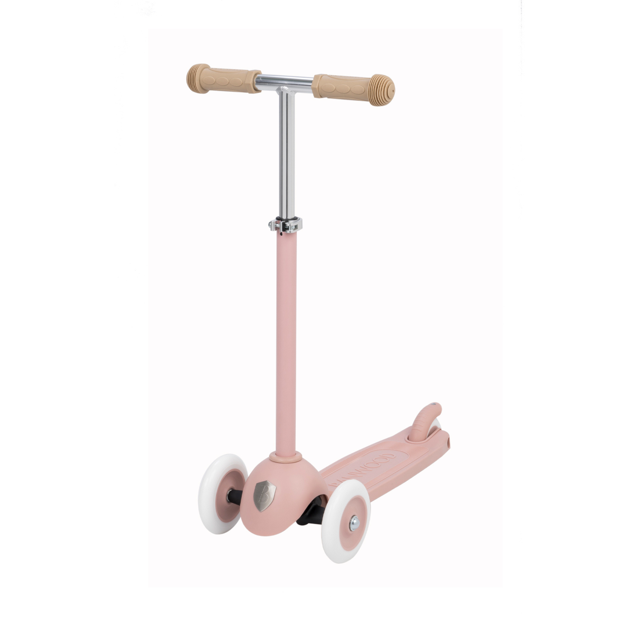 Introducing the Banwood Eco Scooter Dusty Rose from BANWOOD, made with recycled plastic. This pink scooter features a T-shaped handlebar with beige grips, dual front wheels, the Easy Ride Steering System for smooth turns, and a silver emblem on its stylish frame.