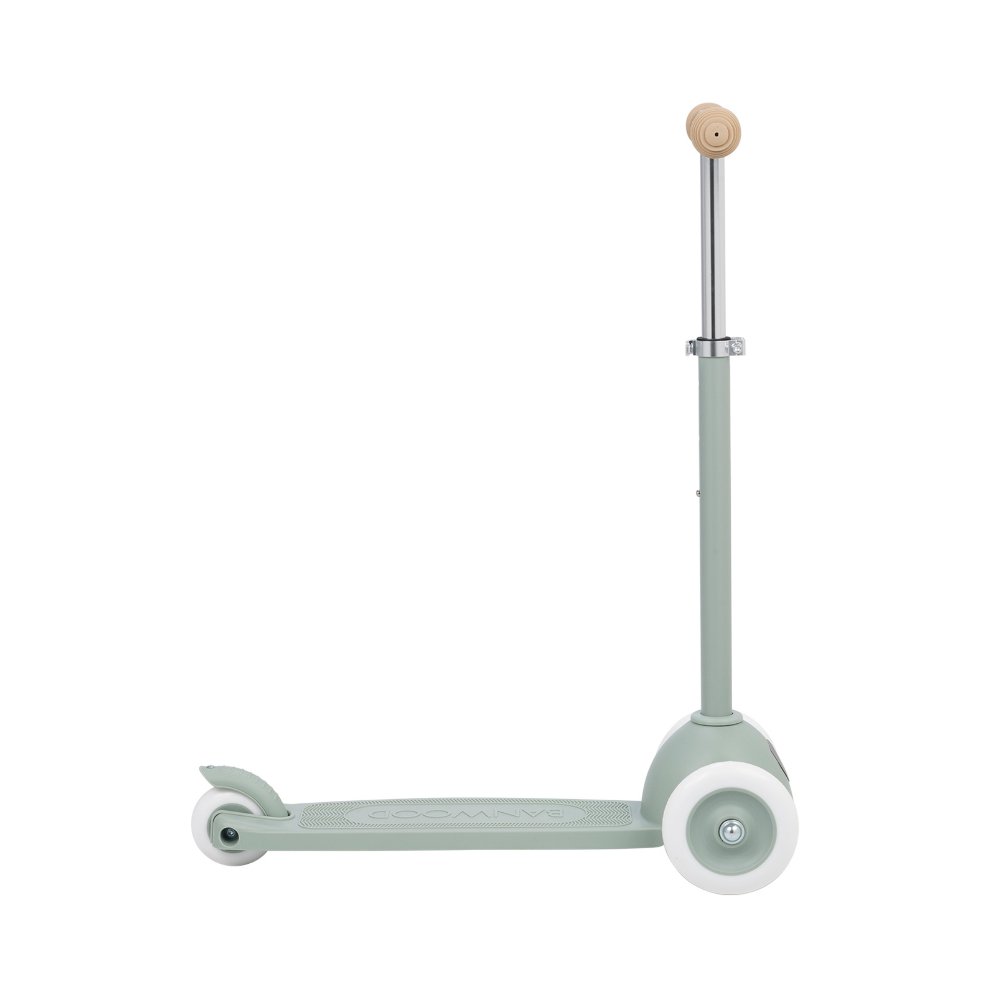 The Banwood Eco Scooter Clay by BANWOOD showcases a minimalist design with a light green finish, metal handlebar, and wooden knob. Built from recycled plastic, it has two white front wheels and one rear wheel. The deck prominently features the brand name for added flair and sustainability.