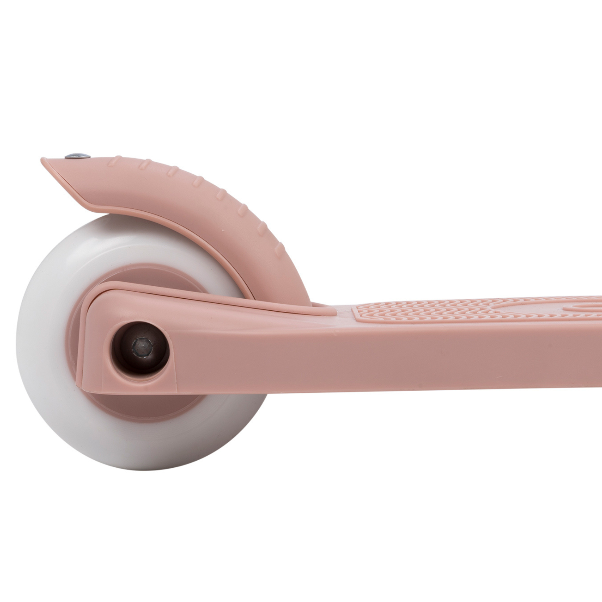 The Banwood Eco Scooter Dusty Rose features a sleek, minimalistic design with a close-up of its pink wheel and white tire. It has a textured footboard and a pink fender over the wheel, crafted from recycled plastic by BANWOOD, emphasizing sustainability.