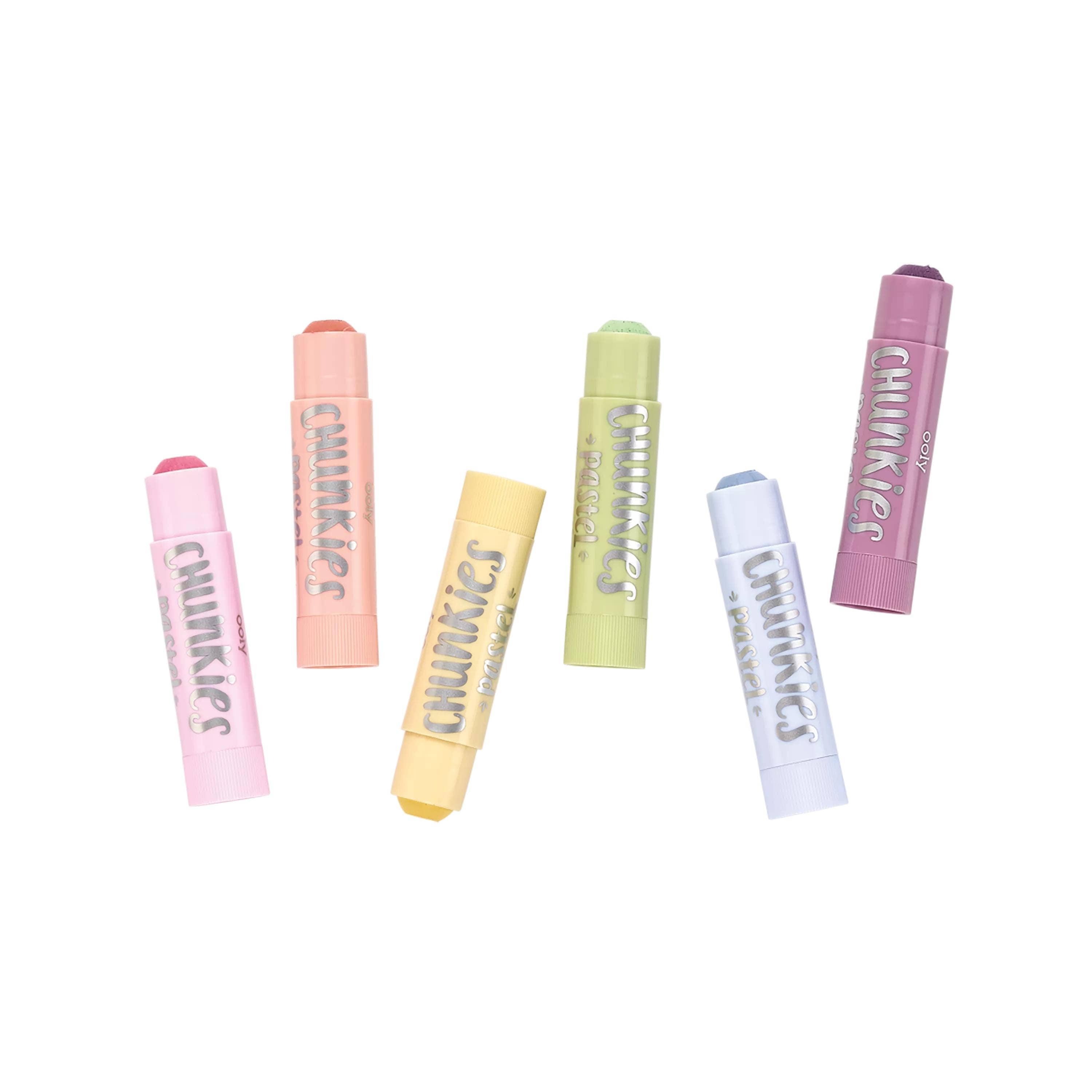 the pink, orange, yellow, green, blue and purple pastel chunkies paint sticks on white background.