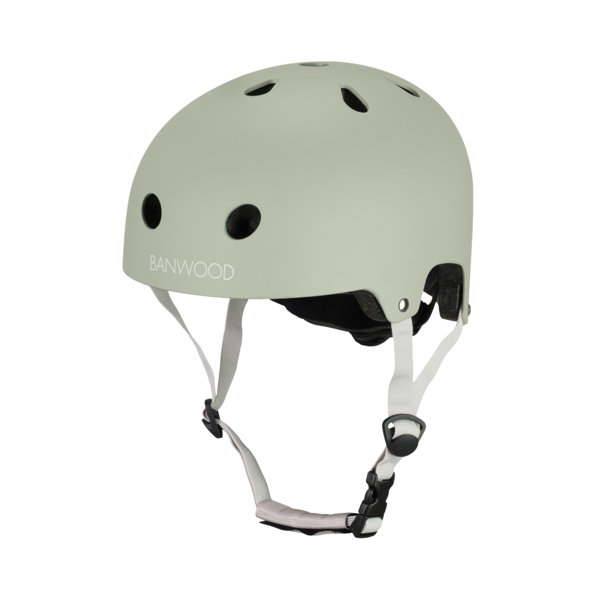 Introducing the Banwood Eco Helmet in Olive: a matte gray safety helmet made from recycled materials with black ventilation holes, adjustable white straps for a perfect fit, and a secure black buckle. The brand "BANWOOD" is printed in white on the side.