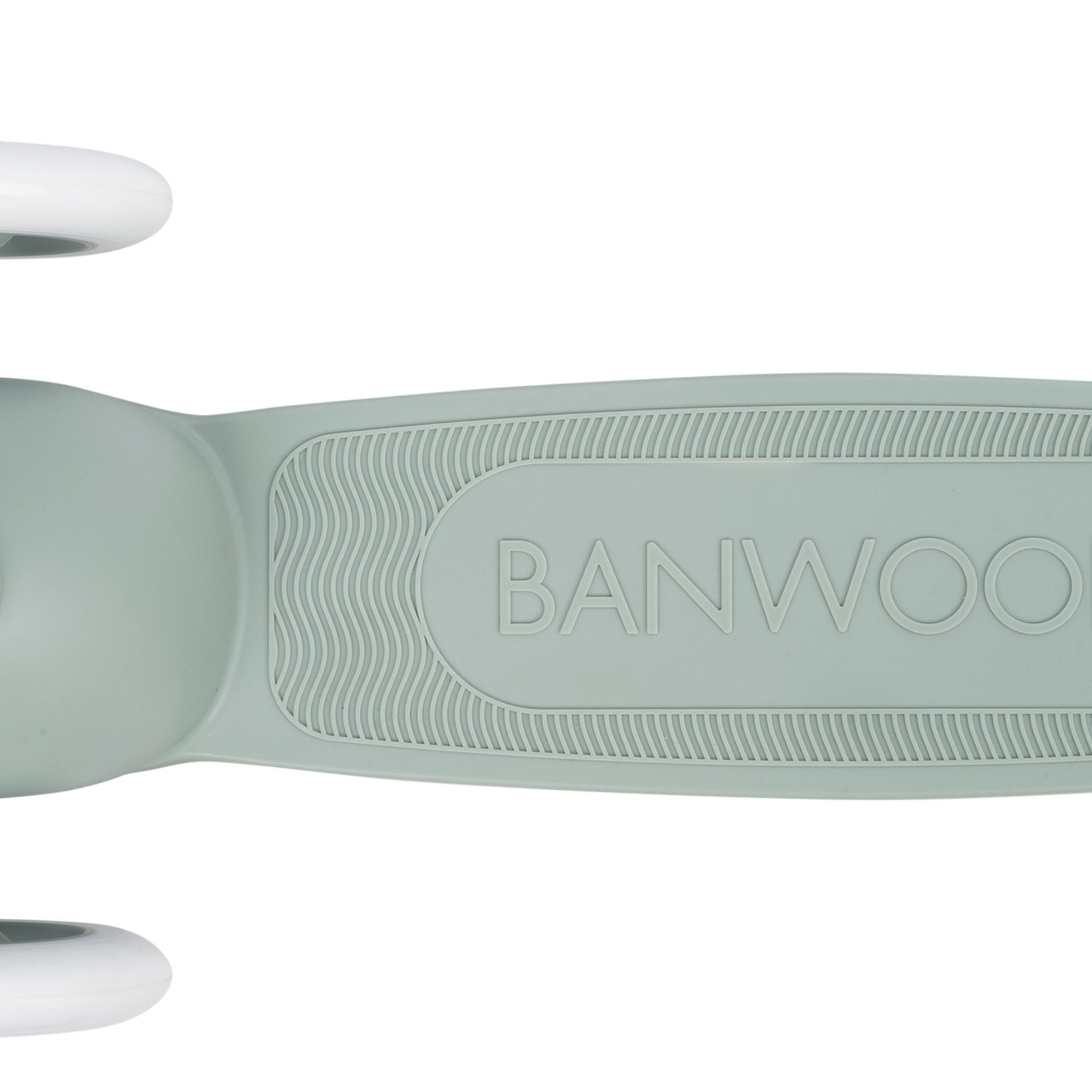 Close-up of the foot deck on a Banwood Eco Scooter Clay, embossed with "BANWOOD," showcasing its textured, non-slip surface made from recycled plastic. Partial view of the white wheels can be seen on the sides.