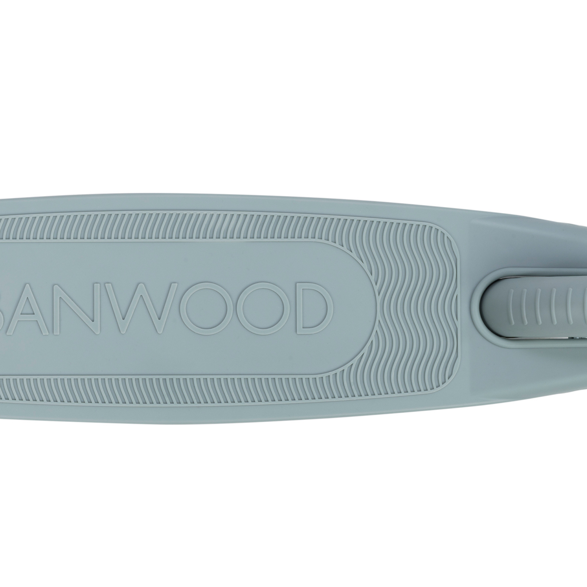 Close-up of a teal Banwood Eco Scooter with a textured grip. "BANWOOD" is embossed on top, highlighting sustainability. A handle on the right side hints at its convenient, eco-friendly design.
