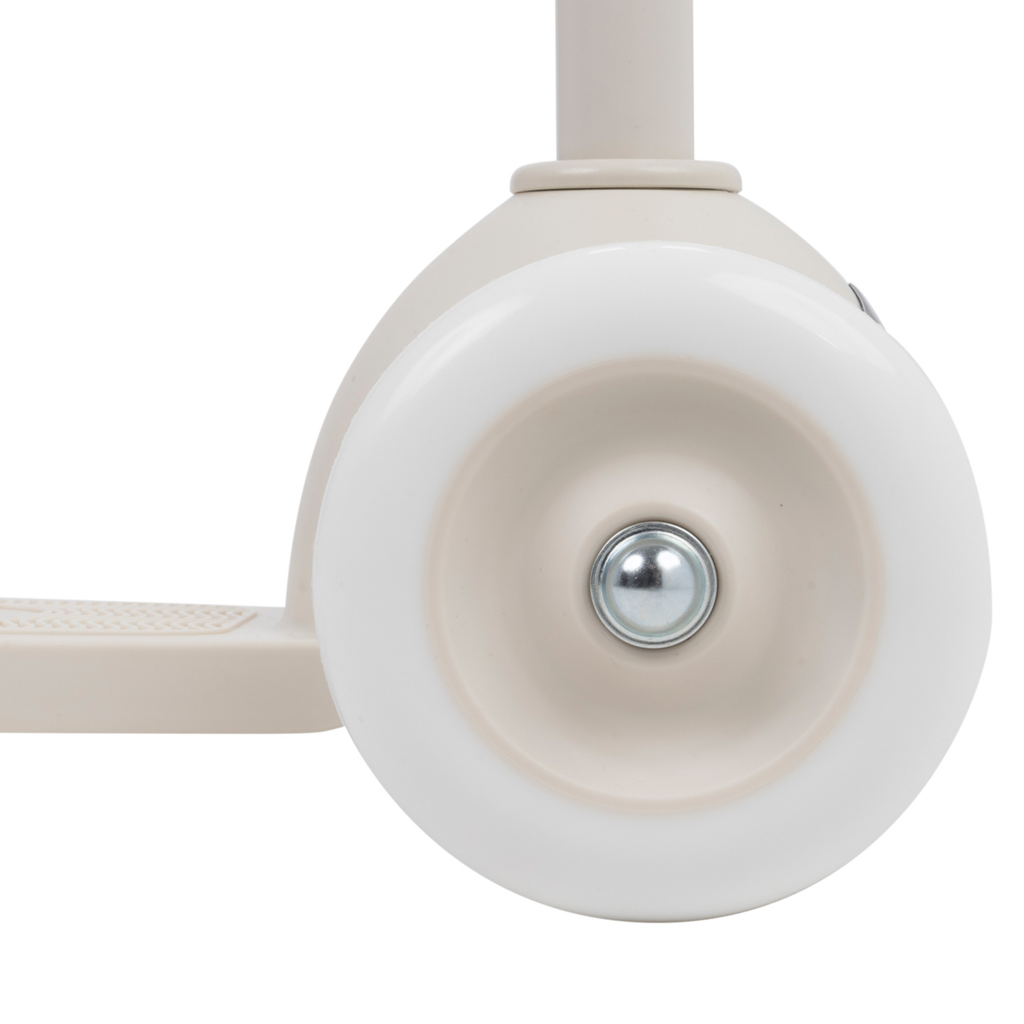Close-up of the Banwood - Eco Scooter Ivory wheel featuring a beige frame and white tire. Crafted from recycled plastic, it connects to a smooth metal rod against a plain white background, highlighting BANWOOD's clean, minimalist design that champions sustainability.
