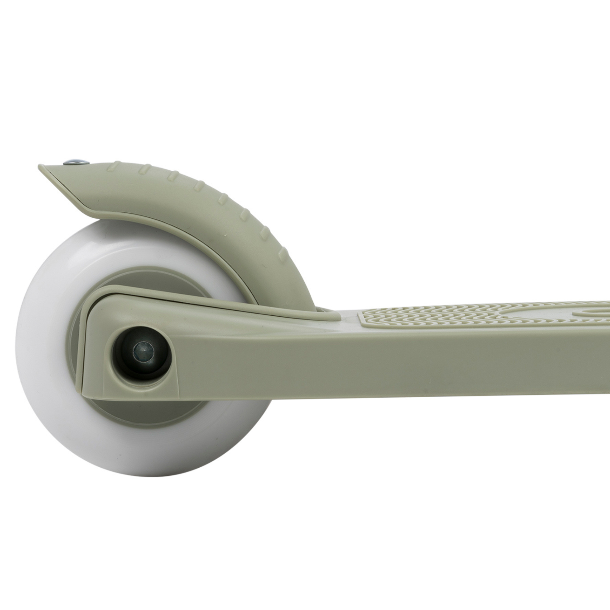 Close-up of a Banwood Eco Scooter Olive's rear wheel and footboard, showcasing a light green frame made from 100% post-consumer recycled plastic. The textured surface and white wheel complement the Easy Ride Steering System, with the brake positioned over the back wheel against a plain white background.