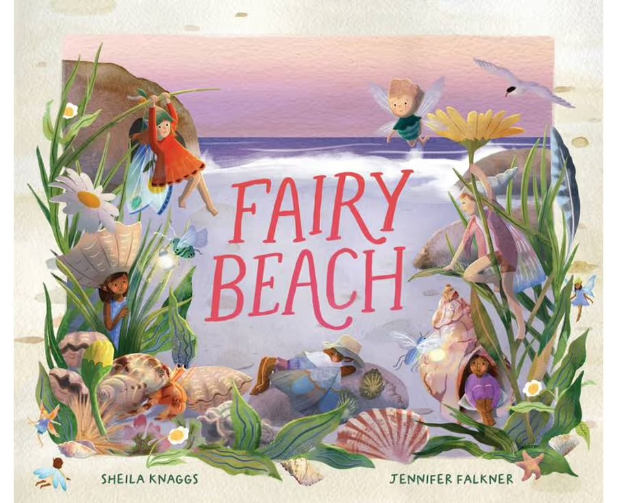 Illustrated cover of Fairy Beach by BAY KIDS showcases beach magic with fairies dancing among flowers and seashells under a sunset at sea, presenting an enchanting Australian fairy tale where fairies flit and frolic in twilight.