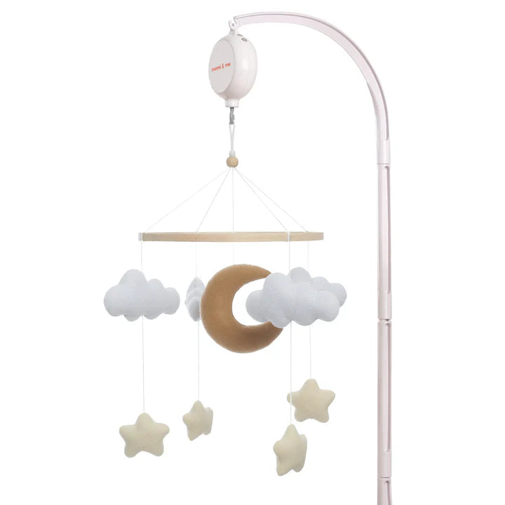 The ROOMI & ME Roomi & Me - Baby Mobile Starry Night hangs from a curved arm and features soft fabric clouds, cream stars, and a light brown moon to gently visually stimulate your nursery.