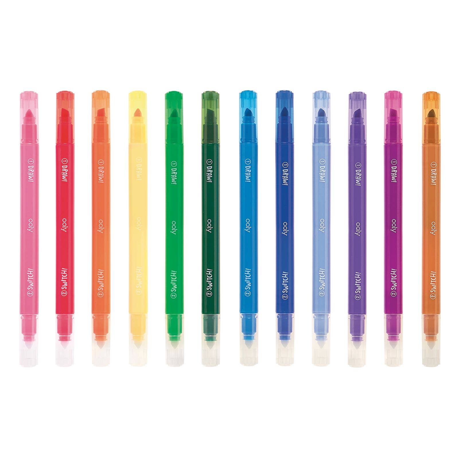Twelve vibrant Switch-eroo! Color-Changing Markers 2.0 by OOLY are aligned, featuring chiseled tips that transition smoothly through shades of pink, red, orange, yellow, green, dark green, light blue, blue, purple, deeper purple, magenta, and an extra pink.