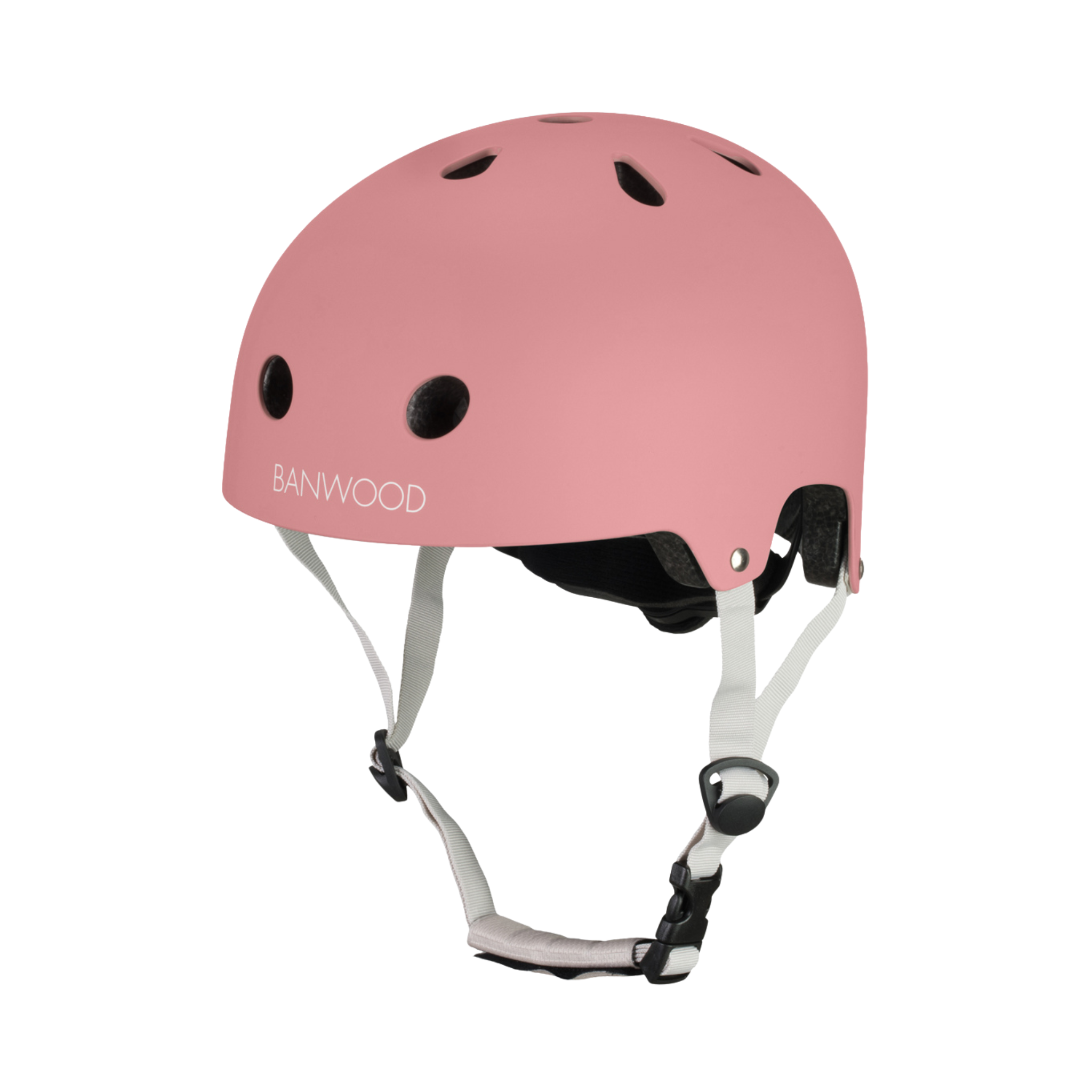 The Banwood - Eco Helmet Raspberry by BANWOOD boasts ventilation holes and adjustable white straps. Made from recycled materials, it features a dial-fit adjustment system for comfort and safety, with "BANWOOD" displayed on the side.