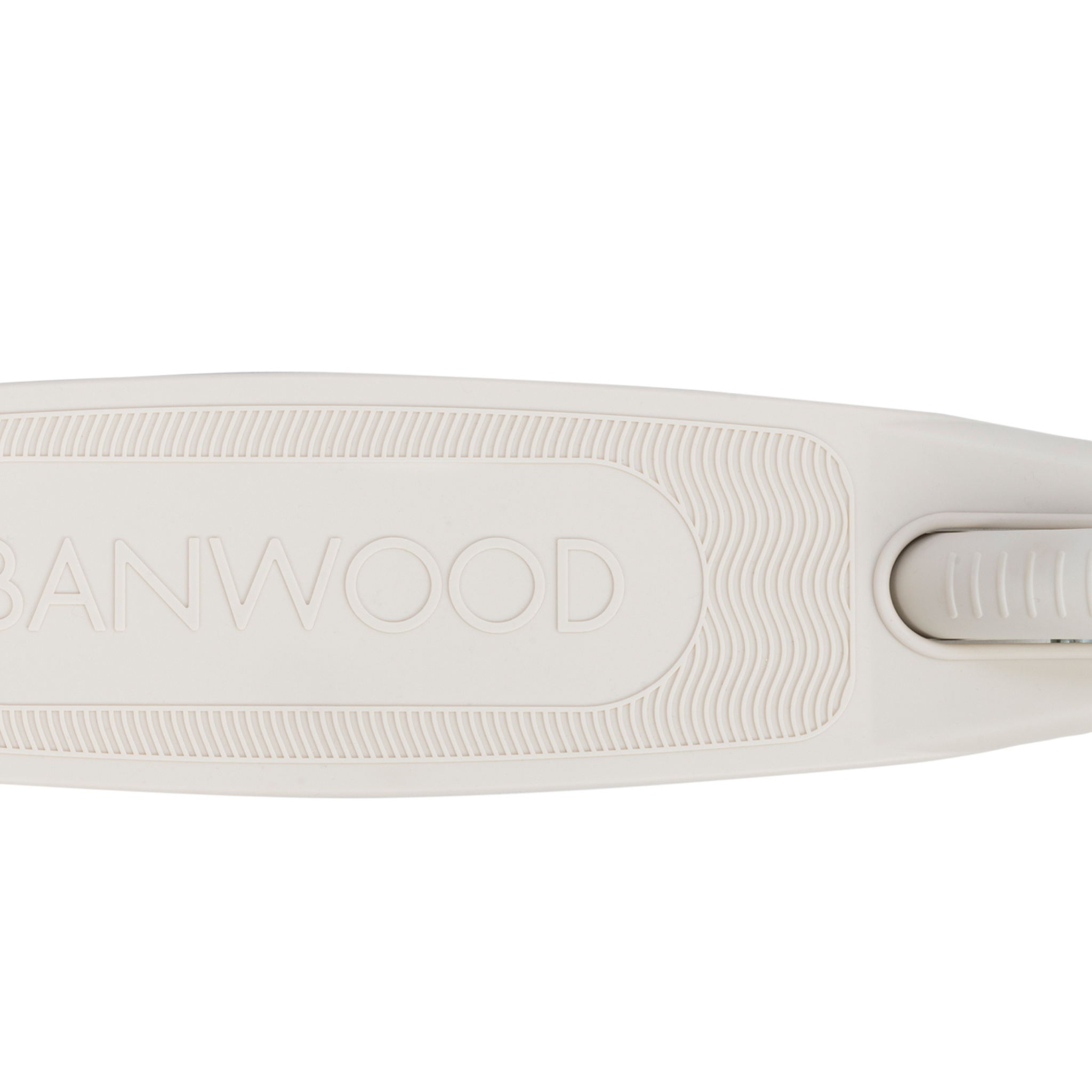 Close-up of an ivory Eco Scooter by BANWOOD made from recycled plastic, featuring a textured design with "BANWOOD" embossed on it. Its sleek, streamlined edges epitomize sustainability in every curve.