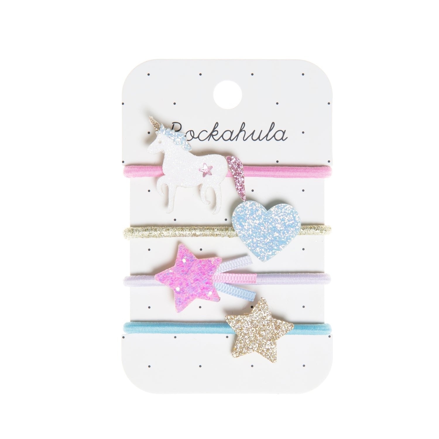Rockahula - Unicorn Ponies by ROCKAHULA: a set of four colorful kids' hair accessories on a branded card, each featuring a glittery unicorn, blue heart, pink star, or gold star—perfect for magical hairstyles.