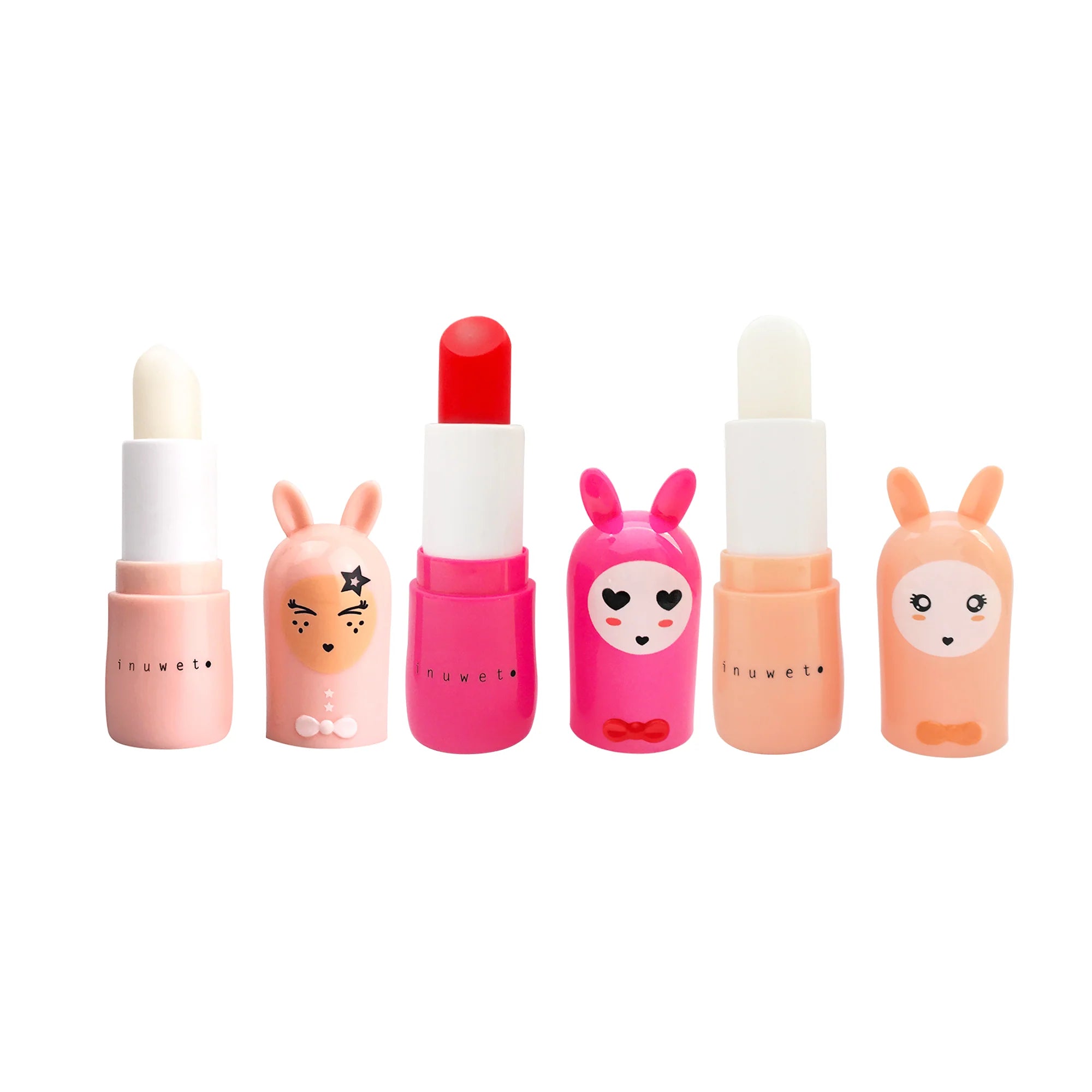 The INUWET - Lip Balm Trio Kiss of Love by INUWET features three colorful vegan lip balms in animal-shaped tubes with playful faces, arranged in a row on a white background.