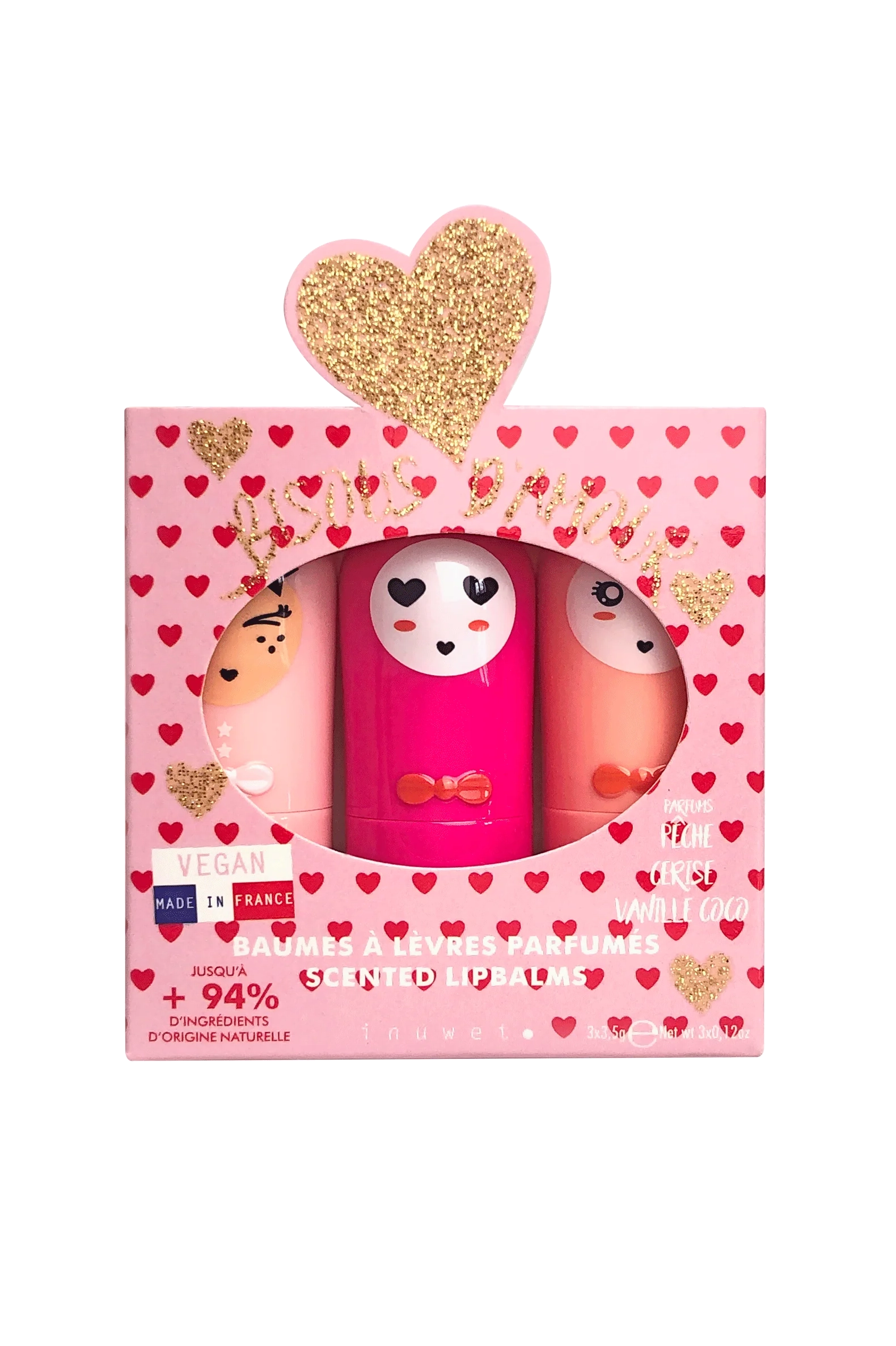 The INUWET Lip Balm Trio Kiss of Love is a pink gift box with gold glitter hearts, holding three vegan, cartoon-themed balms. The French-made packaging features small hearts and spotlights natural vanilla and coco scents.