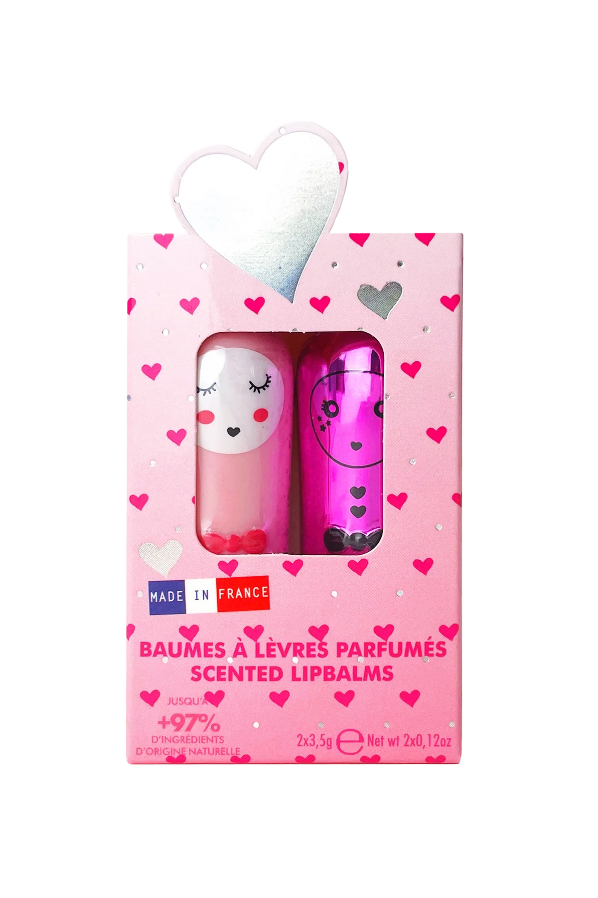 The Inuwet ~ Lip Balm Duo Love by INUWET includes two shea butter-infused balms in a pink heart-patterned box. One balm is pink with a cat face, the other purple with a star. Packaging highlights "Made in France" and over 97% natural ingredients, with text in French and English.