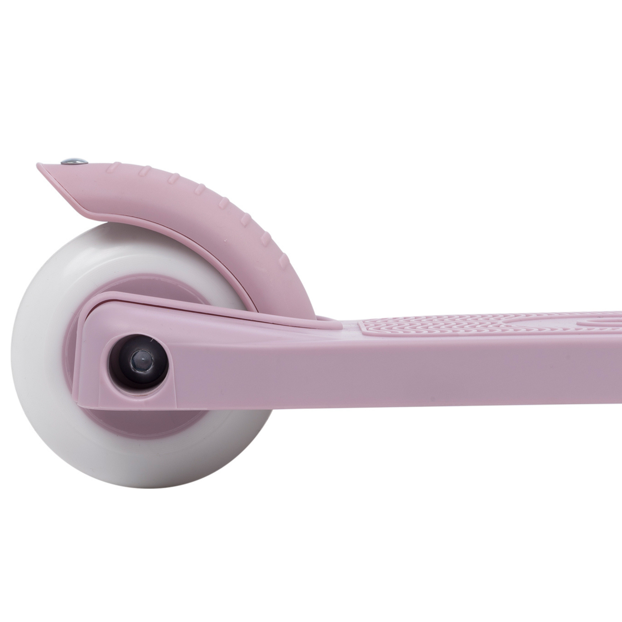 Close-up of the rear wheel of a lavender Banwood Eco Scooter with a white tire. Crafted from recycled plastic, it highlights a textured deck and pastel pink fender, showcasing Banwood's commitment to sustainability and sleek design.