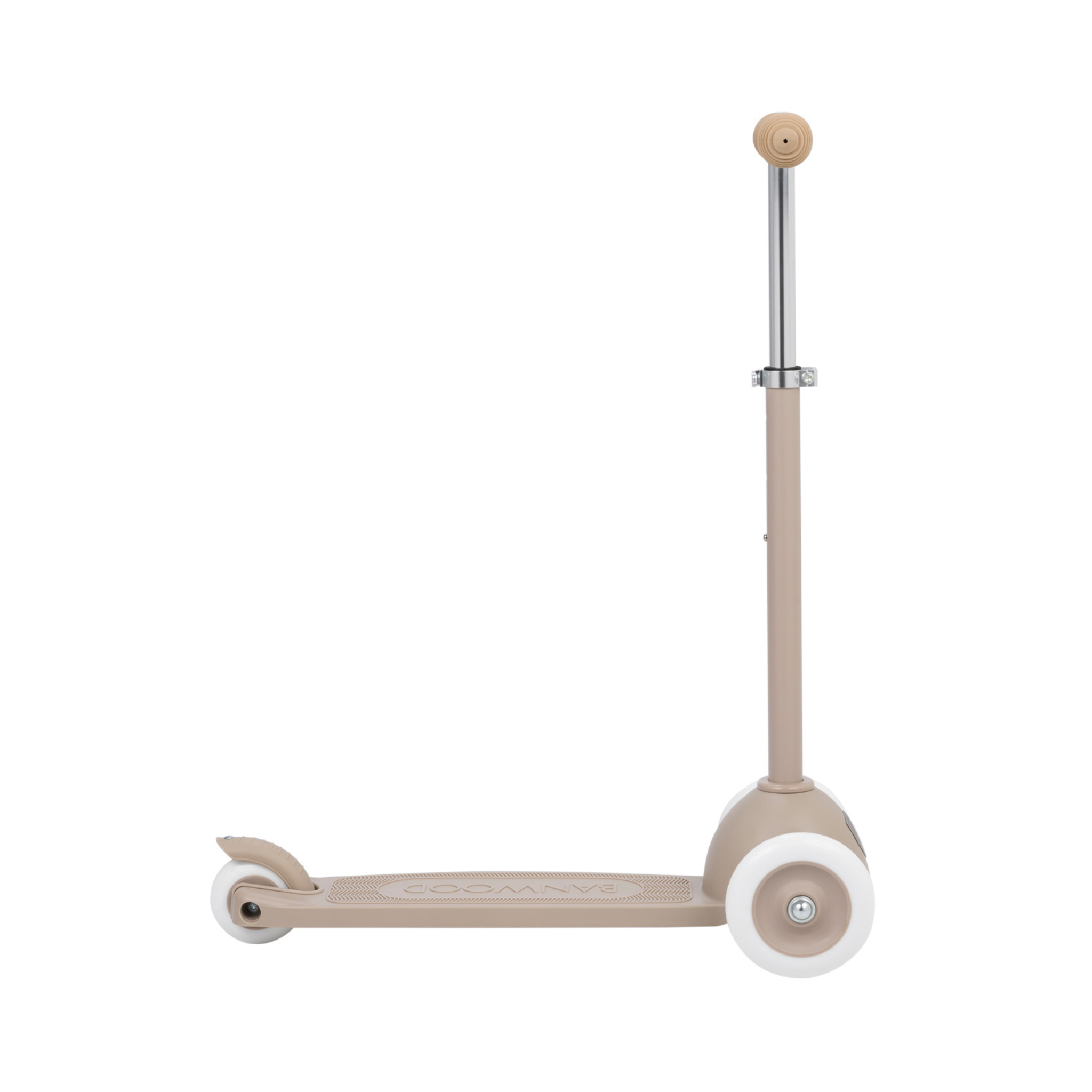 Introducing the Banwood Eco Scooter Sand by BANWOOD, featuring white wheels of post-consumer recycled plastic. It boasts a minimalist design with an adjustable handlebar and a textured deck for grip, along with the Easy Ride Steering System for effortless control.