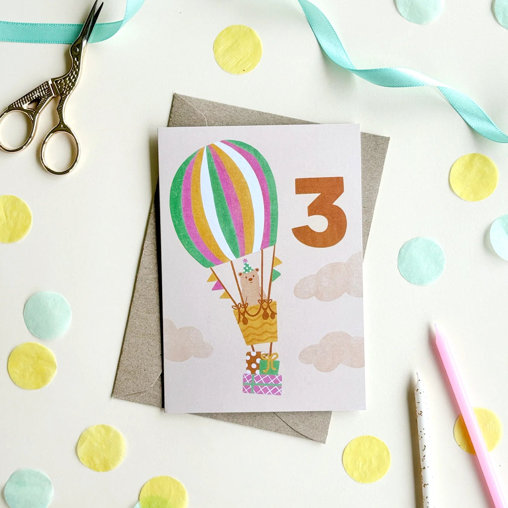 The 3rd birthday age milestone card by lauren sissons with a hot air balloon on it.
