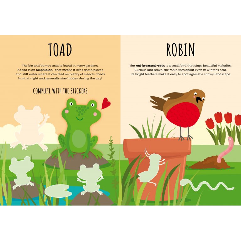The "SASSI Stickers and Activities Book: The Garden" is ideal for kids aged 3+, featuring a toad with fun facts and blank sticker shapes on the left, while a red-breasted robin with plants and a worm is on the right, creating an engaging activity book experience.