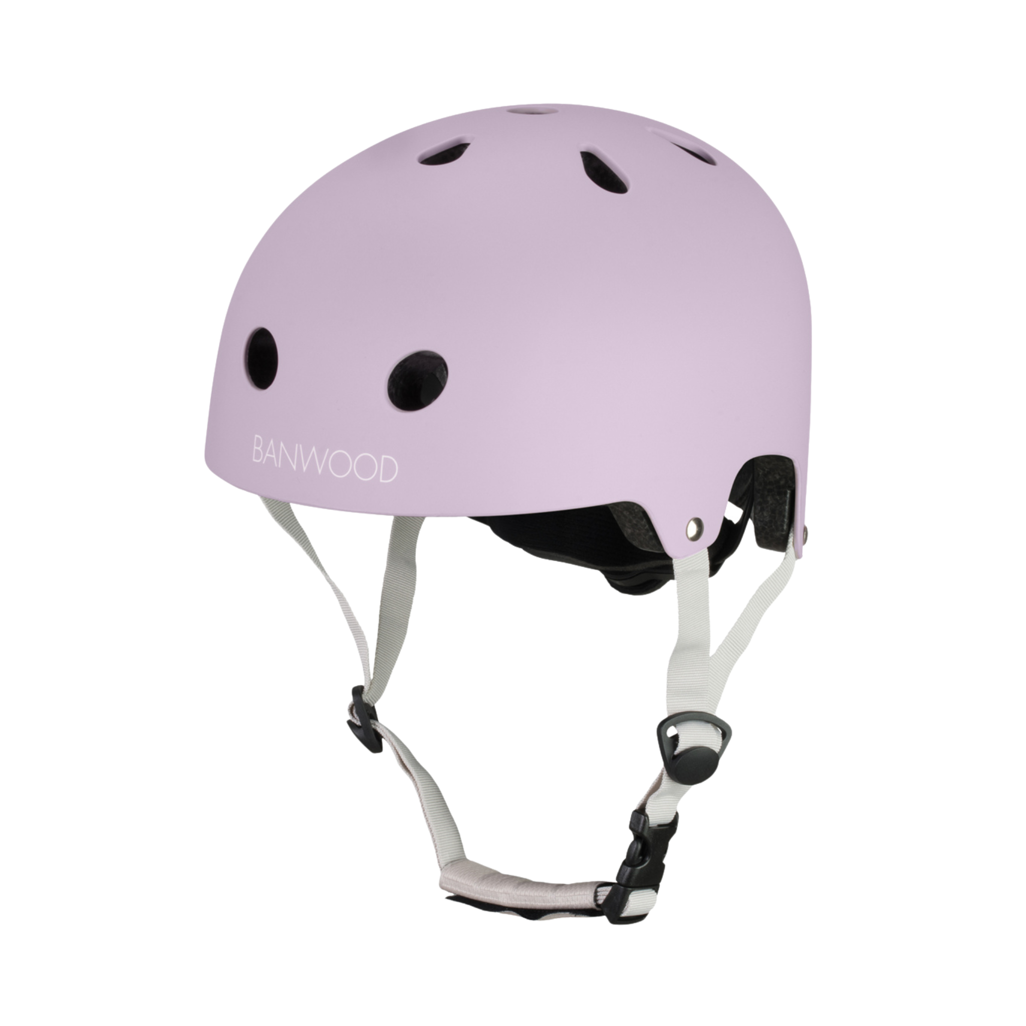 The BANWOOD Eco Helmet Lavender, a sustainable option for children, features a light purple exterior with ventilation holes and a black interior. It comes with adjustable white straps and a secure black buckle, elegantly displaying the brand name on the side.
