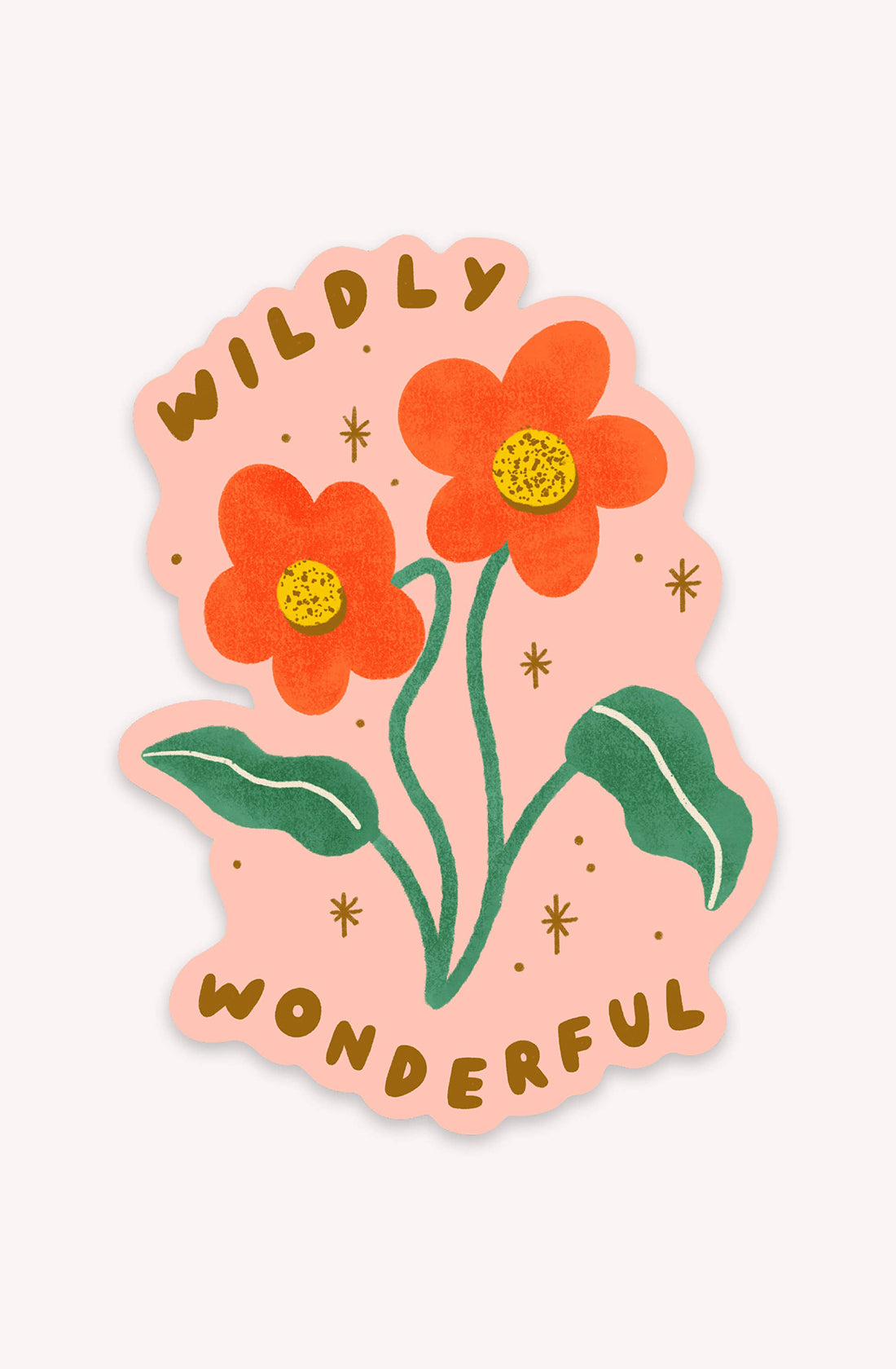 An illustration of two bright orange wildflowers with green leaves on a pink background, encircled by small star-like shapes and the words "Wildly Wonderful" in stylized text above and below. This vibrant design is perfect as a Positive sticker or vinyl art for your collection! Discover the Wildly Wonderful Sticker by LAUREN SISSONS STUDIO.