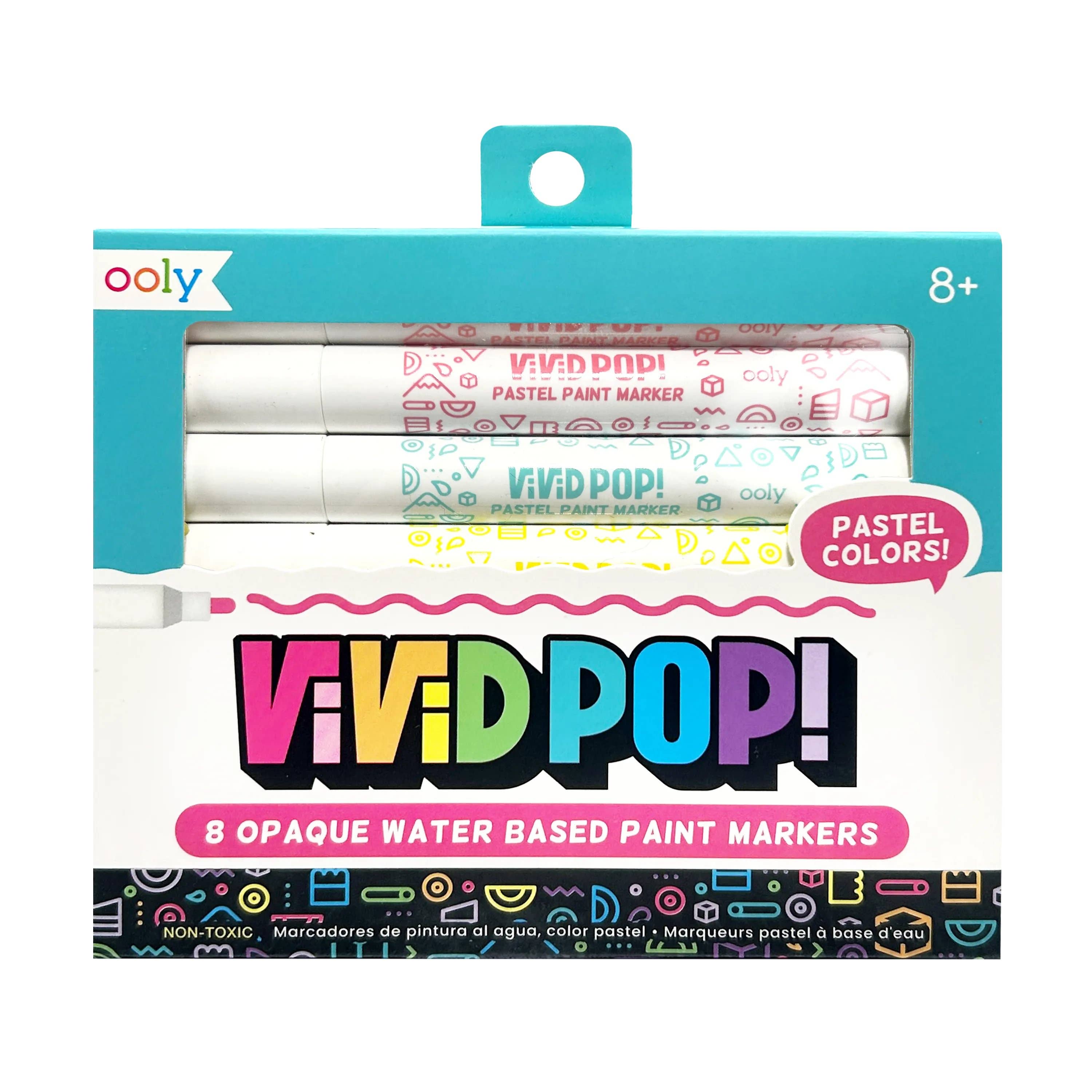 The OOLY - Vivid Pop! Water-Based Paint Markers: Pastel (Set of 8) features opaque, multi-surface markers for ages 8+, in a colorful box with doodle graphics and a window displaying three markers inside.