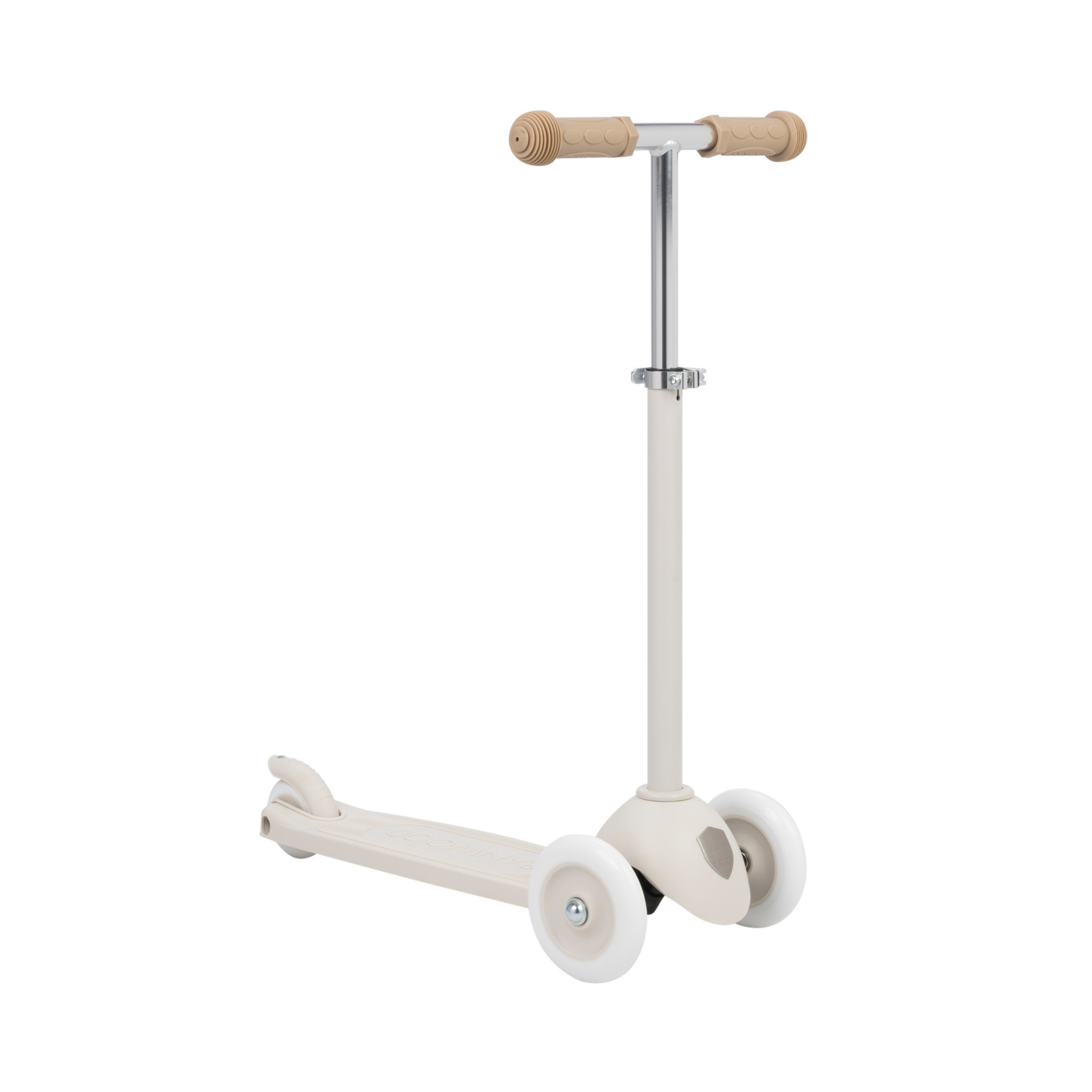 The Banwood Eco Scooter Ivory by BANWOOD features a beige and white design with recycled plastic, silver adjustable handlebar, and brown grips. Its sleek look is supported by two front wheels and one rear wheel, blending style with sustainability.
