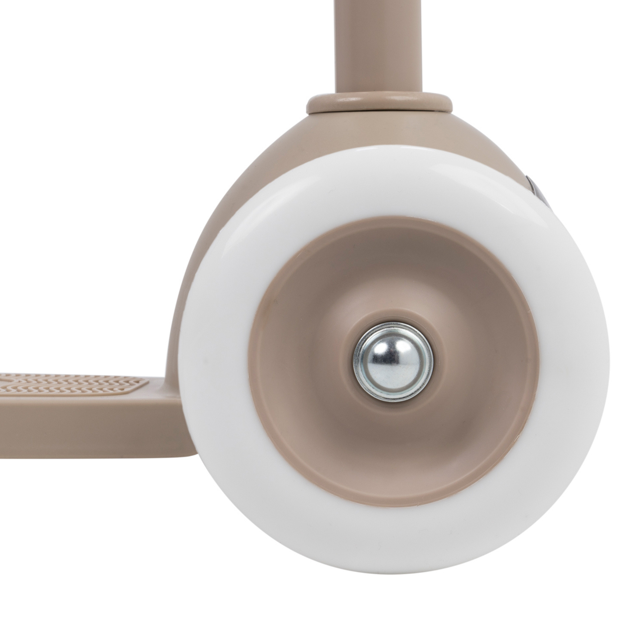 Close-up of a wheel from the BANWOOD - Eco Scooter Sand, featuring a silver metal hub and white rubber tire. Made from post-consumer recycled plastic, the beige wheel is attached to the frame with part of the footboard in view.
