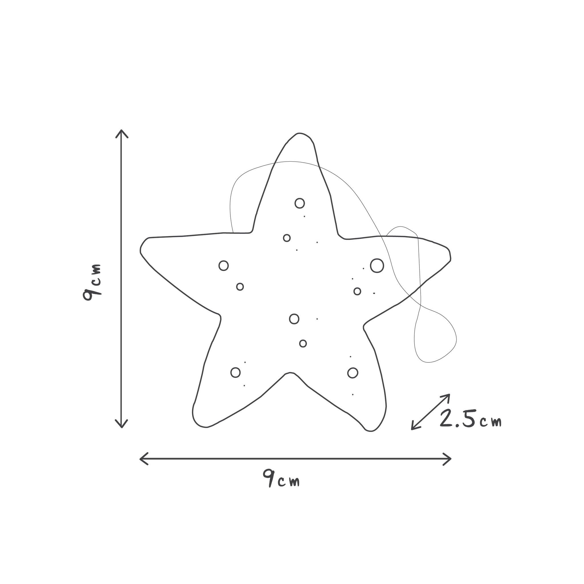 Here is a description based on the product data:
Illustration of a biodegradable five-pointed star from AL.IVE BABY's Baby Konjac Sponge collection, set against a green background, with dimensions of 9 cm in both height and width. This star, inspired by the konjac sponge design, includes small circular patterns and is attached with a thread. An arrow highlights a 2.5 cm measurement on one side—perfect for making baby bathtime enjoyable.