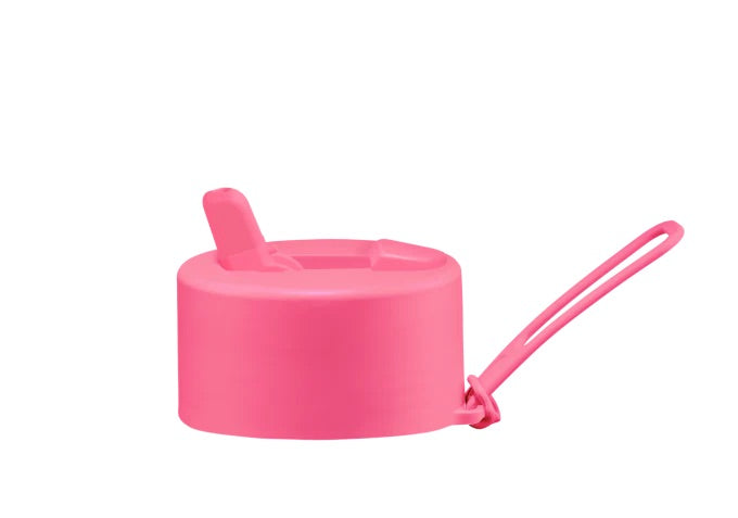 The FRANK GREEN Flip Straw Lid Neon Pink is a durable plastic lid with a built-in spout and attached carrying strap for easy one-handed hydration, shown against a white background.