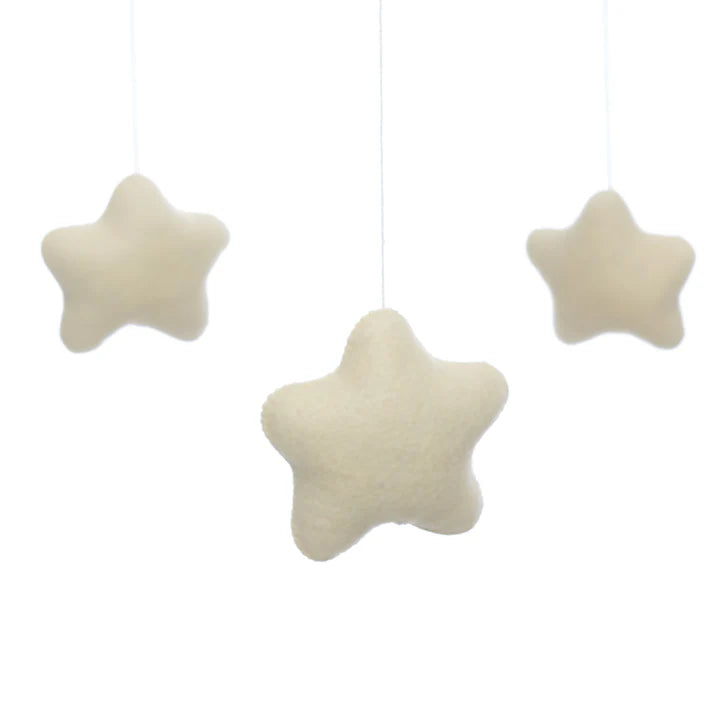 Three cream-colored star ornaments from ROOMI & ME’s Baby Mobile Starry Night hang delicately on near-invisible strings, offering gentle visual stimulation for your nursery.