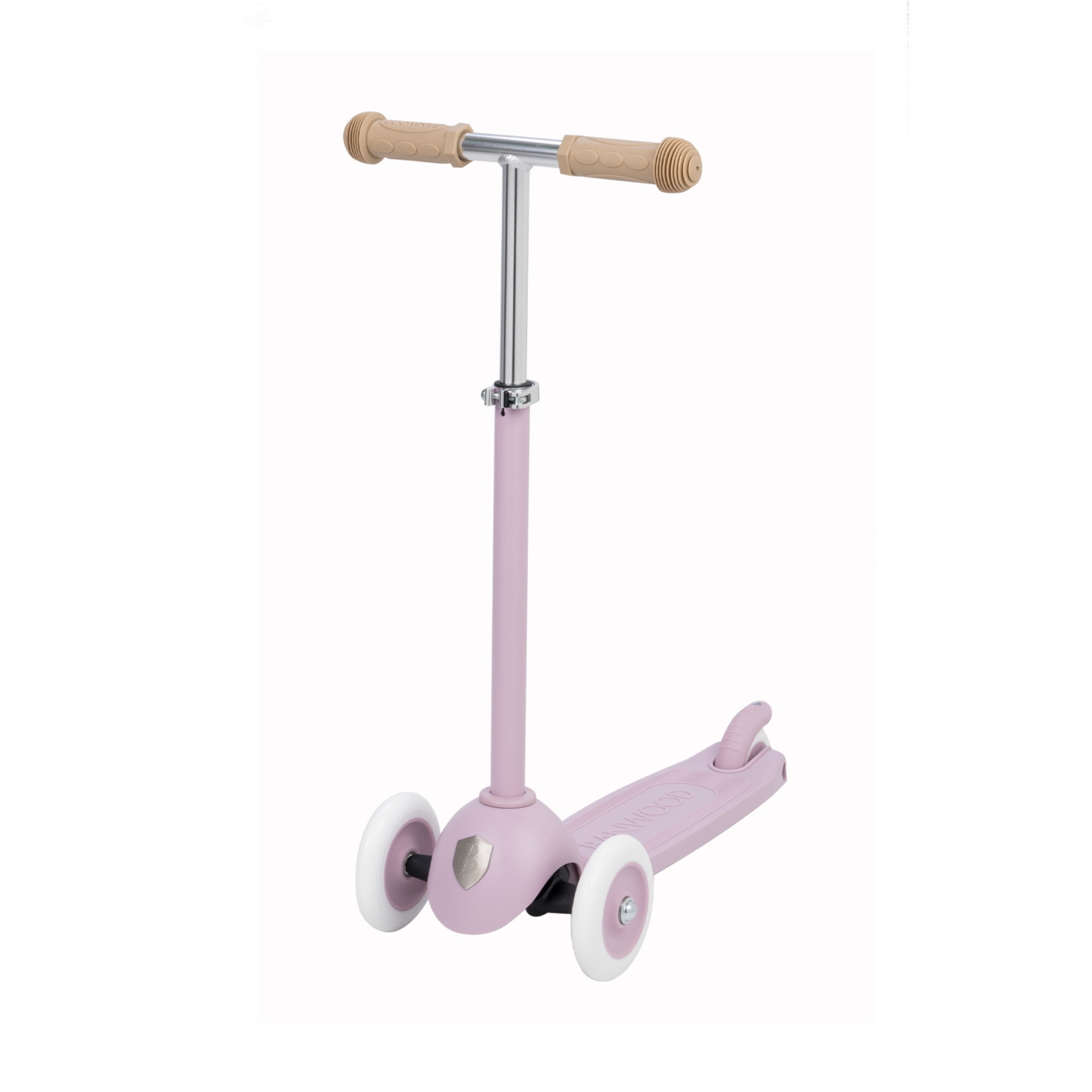 The Banwood - Eco Scooter Lavender, by BANWOOD, is a children's kick scooter crafted from recycled plastic. It features a T-shaped handlebar with tan grips, two white front wheels, and one rear wheel. The base and stem match in lavender, blending fun with sustainability.