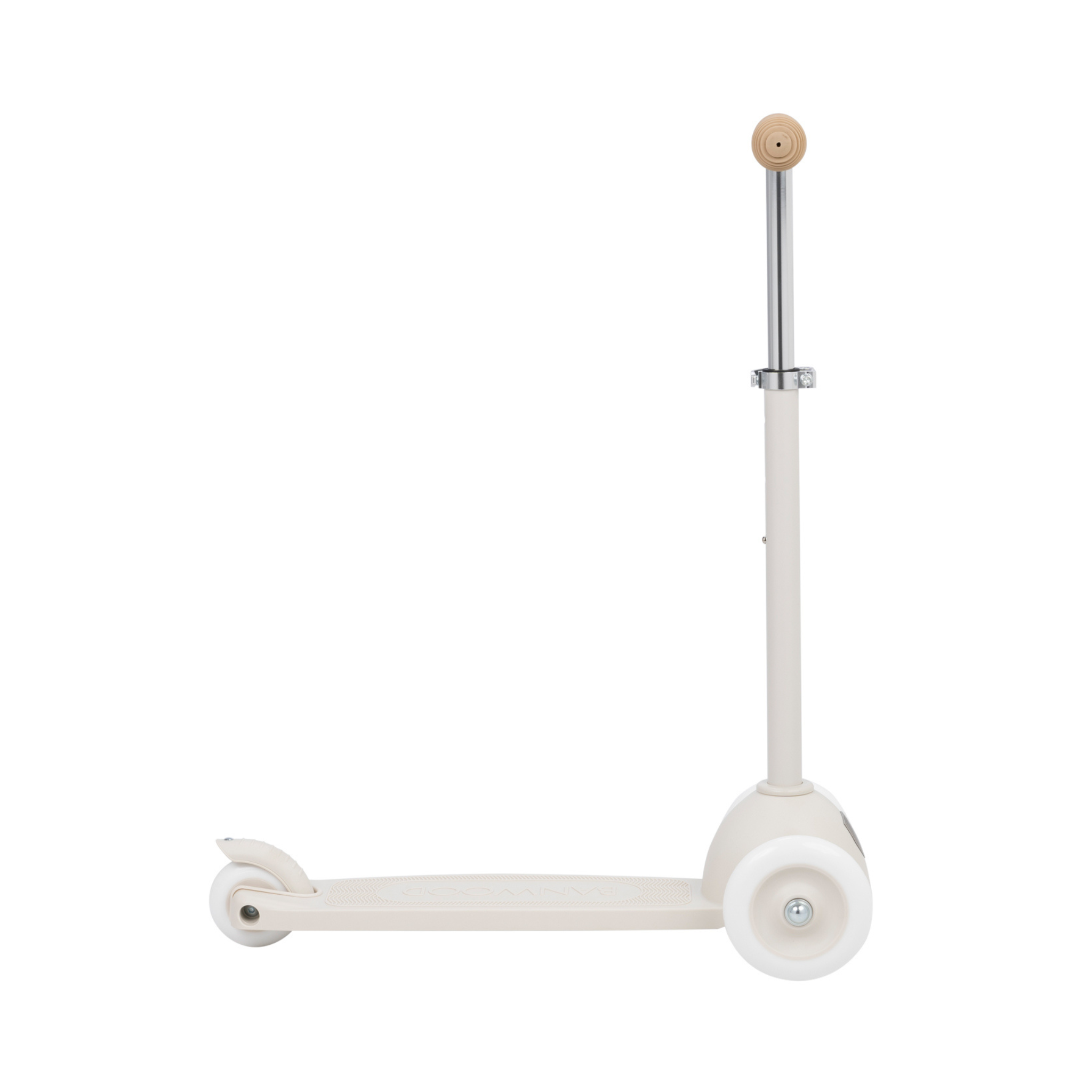 The Banwood Eco Scooter Ivory by BANWOOD is crafted from recycled plastic, featuring a minimalist ivory design with two large front wheels and a smaller rear wheel. Its adjustable handlebar has a round wooden top, seamlessly blending sustainability and modern elegance.