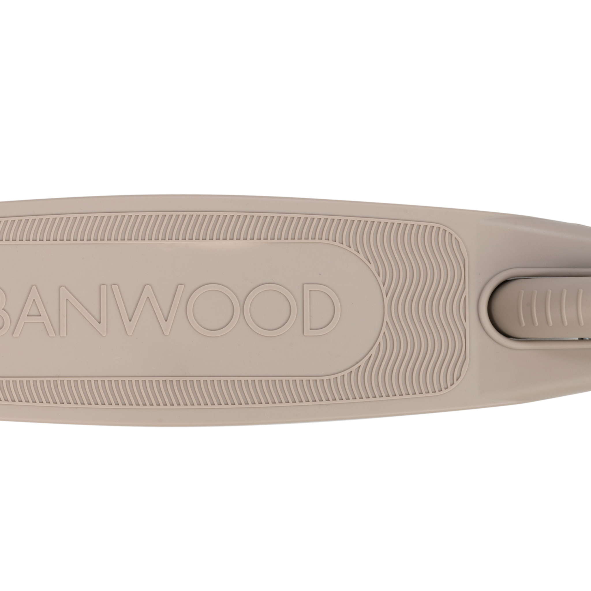 Close-up of the Banwood Eco Scooter Sand, showcasing its beige deck with "BANWOOD" embossed prominently. The surface, crafted from post-consumer recycled plastic, features a textured edge for enhanced grip.