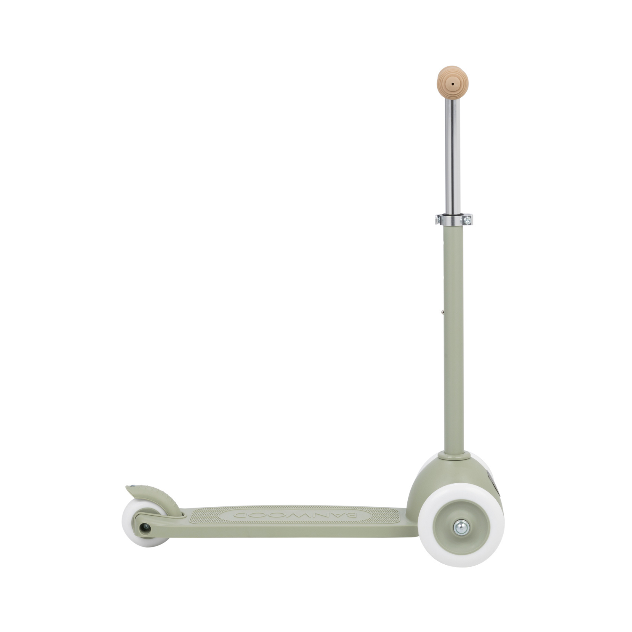 The Banwood Eco Scooter Olive by BANWOOD features a side view with white wheels, a light wooden handle, and is made from 100% recycled plastic. This minimalist design includes an Easy Ride Steering System for smooth navigation.