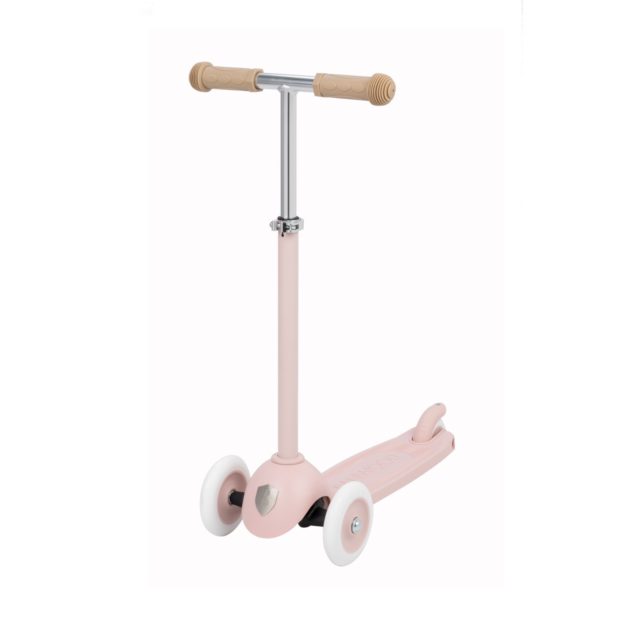 The Banwood Eco Scooter Faded Pink by BANWOOD is a stylish children's scooter made from recycled plastic, featuring two white front wheels and one rear wheel. It includes a tan handlebar and foot brake for stability and ease of use.