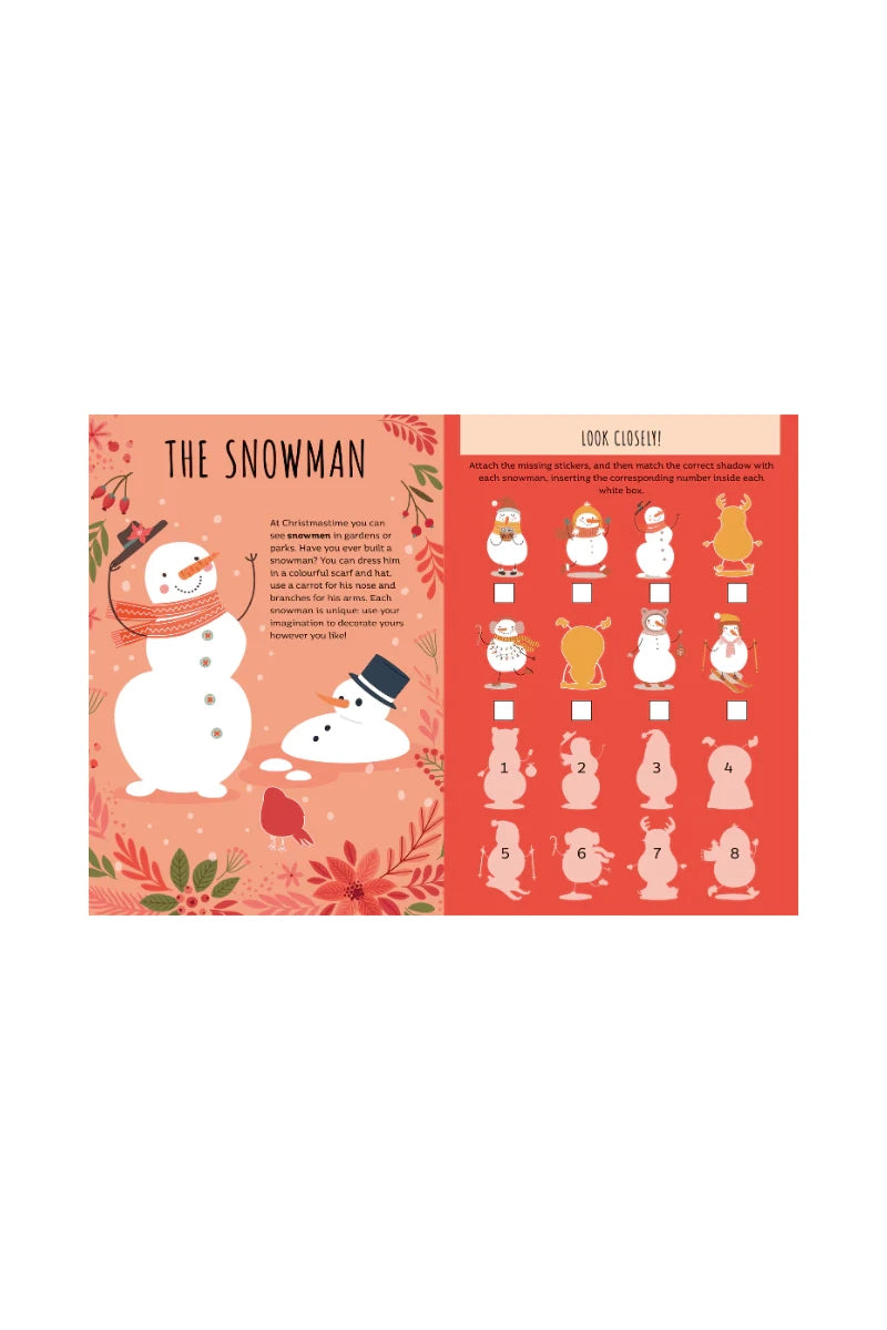 The illustrated page from the SASSI Stickers and Activities Book Christmas presents two snowmen, one waving and wearing a top hat against a festive background. On the right page, this engaging book features multiple snowmen with numbers beneath them, encouraging viewers to spot the odd one out.