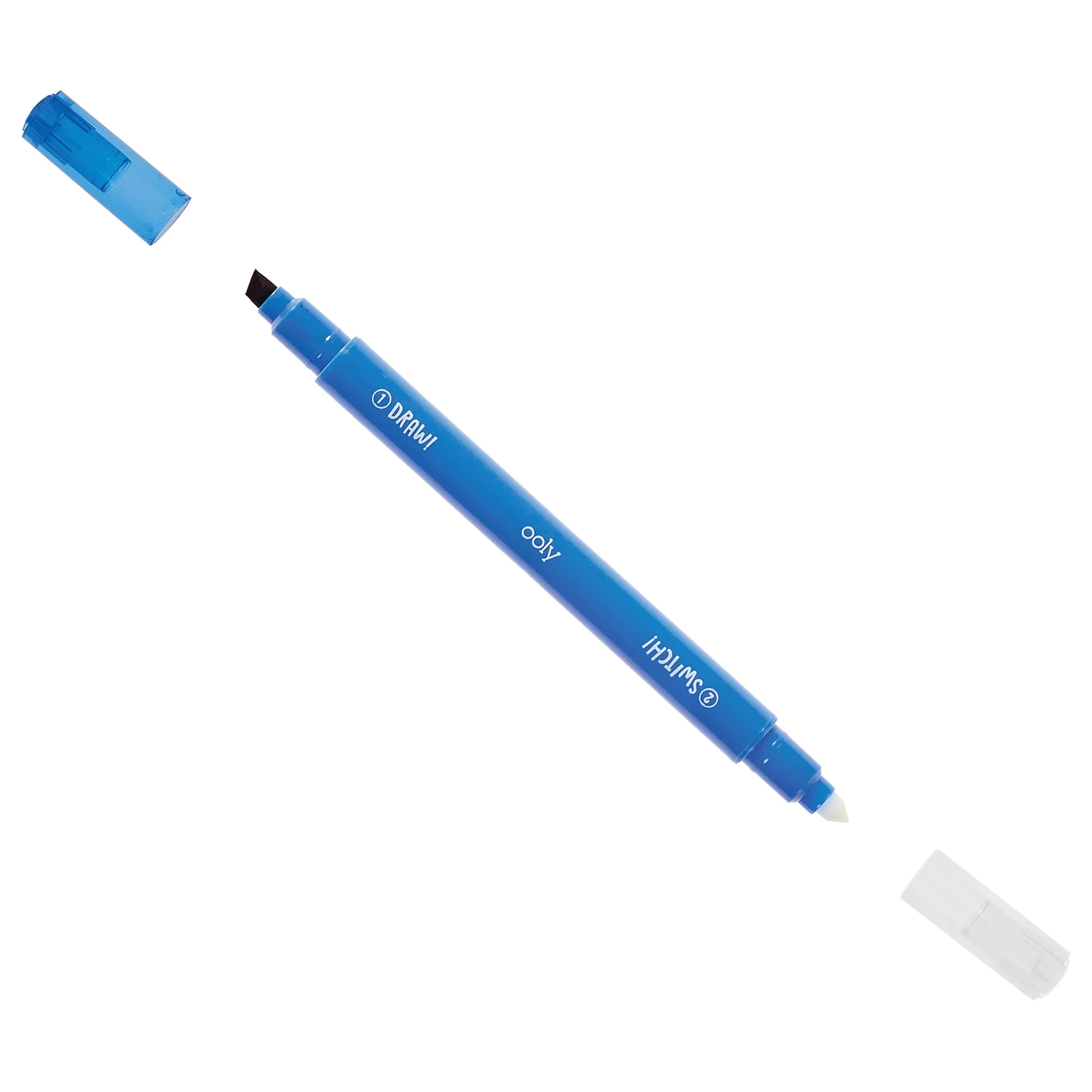 The OOLY "Switch-eroo! Color-Changing Markers 2.0" is a dual-tip blue marker, essential for art, with chisel and fine tips. It features illustrations near each tip showing their sizes and has removable caps stored nearby.