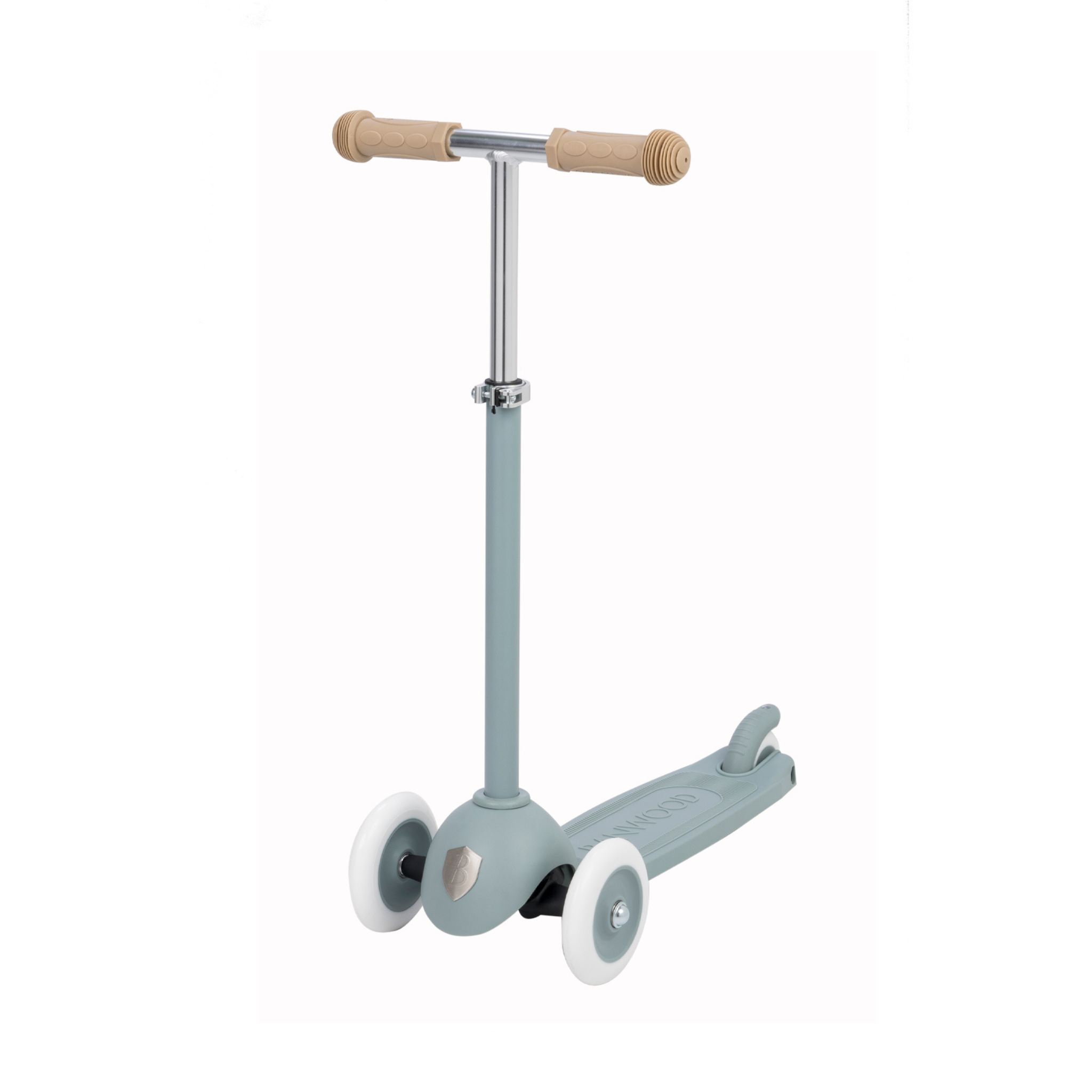 Presenting the Banwood - Eco Scooter Teal: a children's scooter with a T-shaped handlebar and beige grips. Made sustainably with recycled plastic, it boasts two front white wheels, a single rear wheel for stability, and a sleek deck with kickstand.