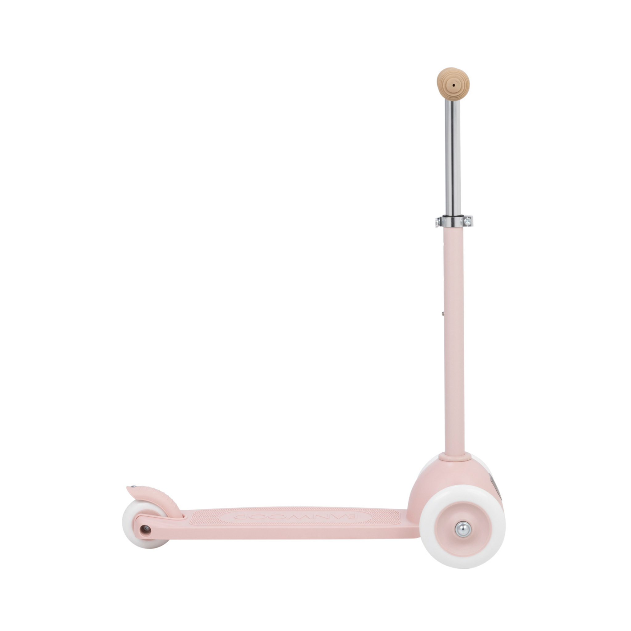 Discover the Banwood Eco Scooter Faded Pink: A stylish three-wheeled scooter by BANWOOD, made from recycled plastic with white wheels and a wooden handle. Its sleek metal handlebar offers a minimalistic, sustainable design for eco-conscious adventurers.