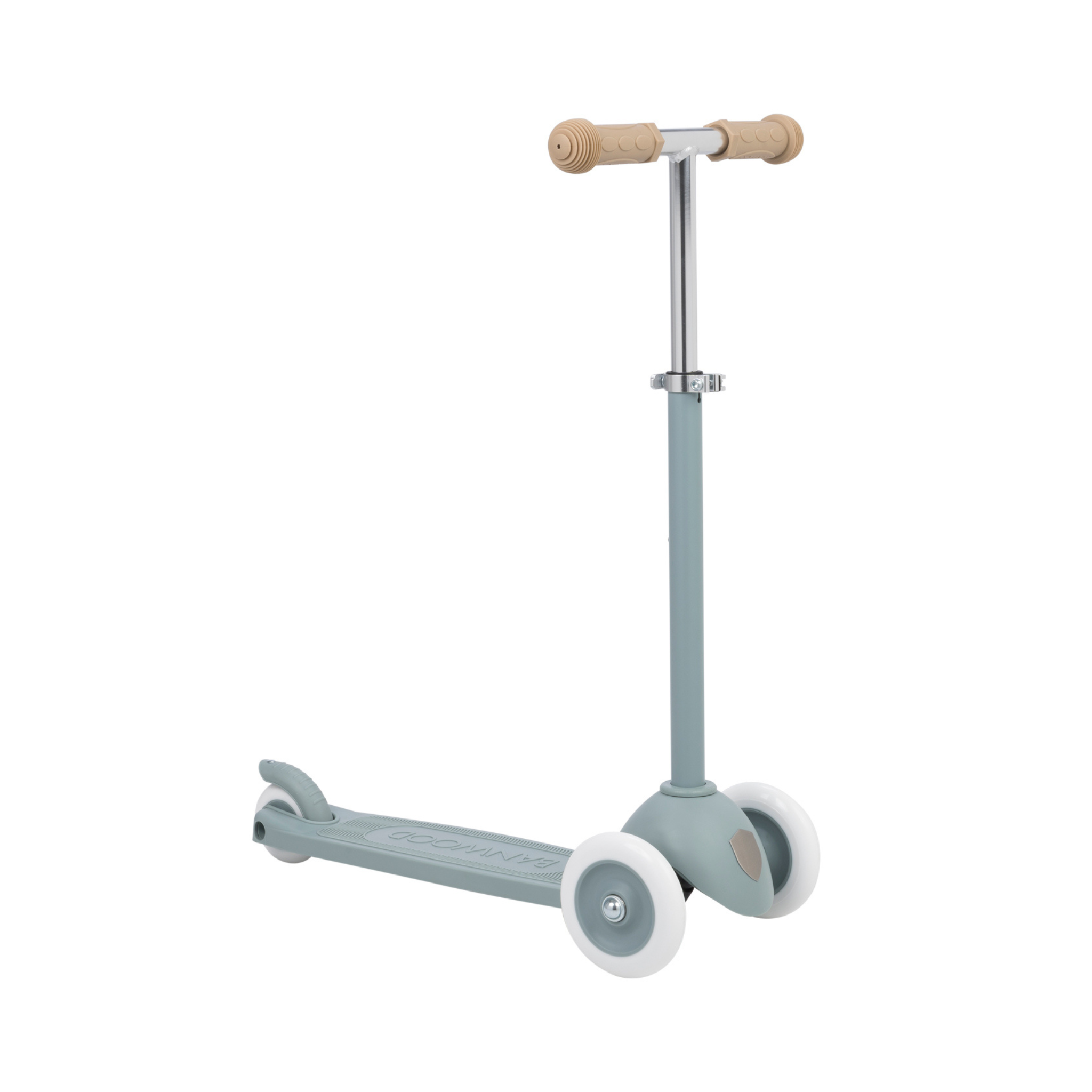The Banwood Eco Scooter Teal, from BANWOOD, is a stylish three-wheel scooter made from recycled plastic. Its teal color, beige handlebars, and white wheels offer a sleek look. With its wide footboard, it's perfect for young children to experience sustainable rides in style.