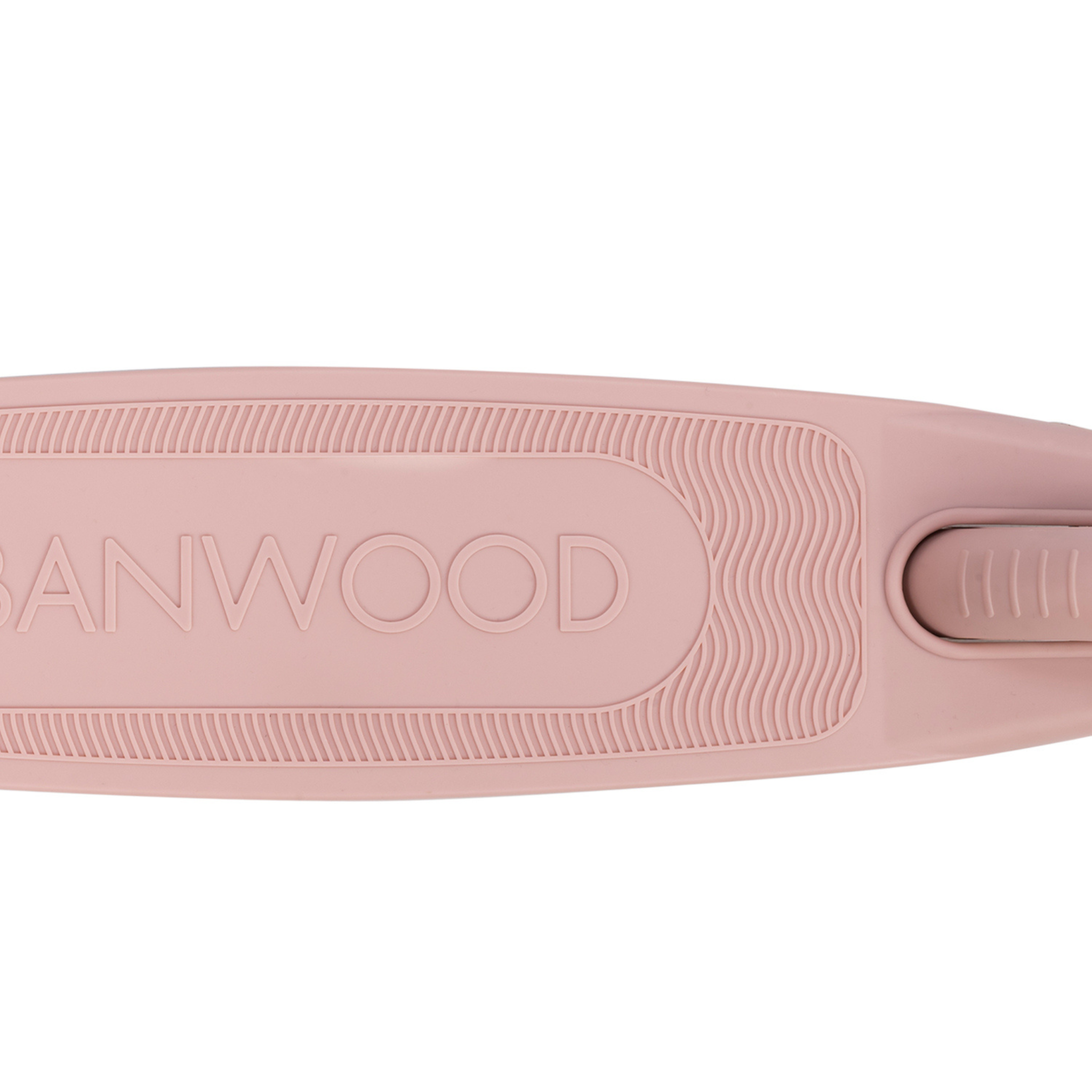 A close-up of the Banwood - Eco Scooter Dusty Rose features "BANWOOD" embossed on it. Crafted from recycled plastic for sustainability, its textured grooves and treads enhance grip. The design is eco-friendly, with a wheel edge visible on the right side.