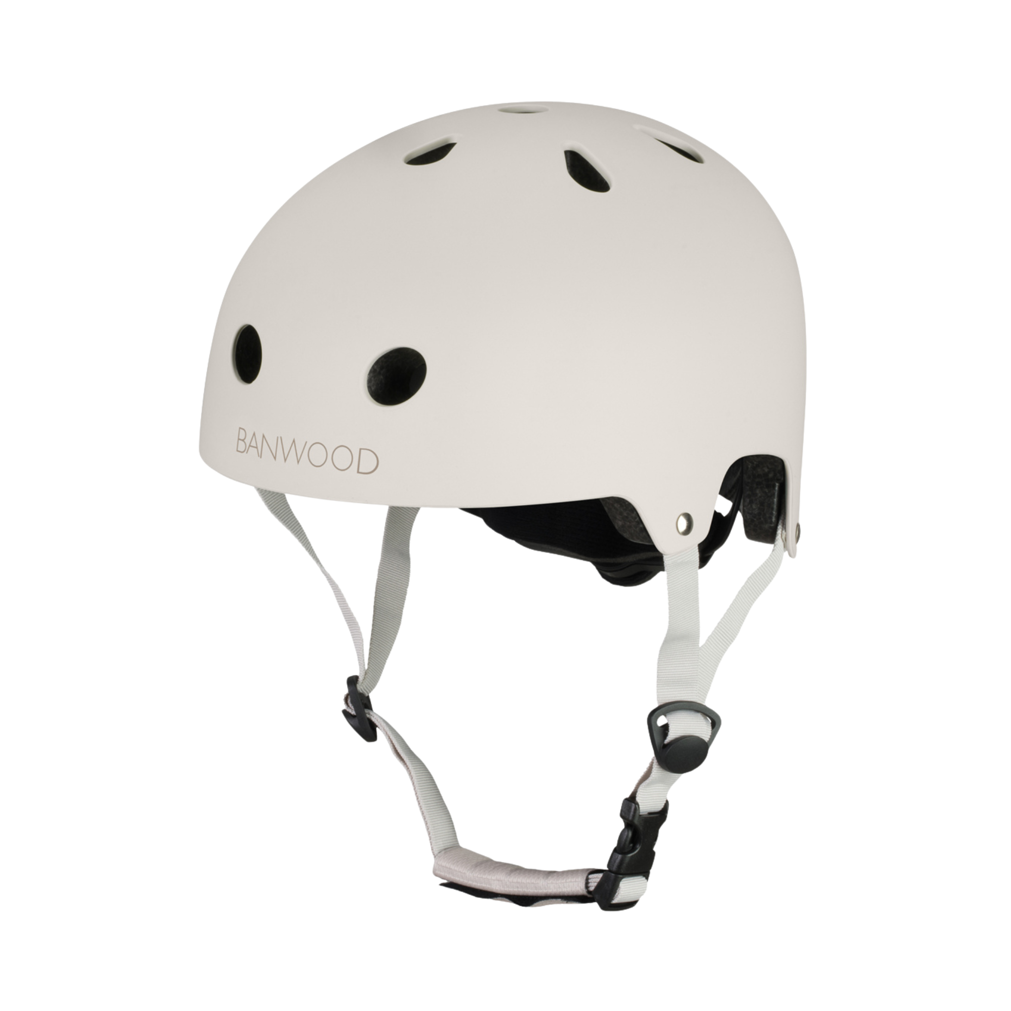 The Banwood Eco Helmet Ivory by BANWOOD is an eco-friendly helmet with multiple air vents and an adjustable chin strap made from durable recycled ABS materials, featuring the "Banwood" logo on the front for safety, comfort, and sustainability.