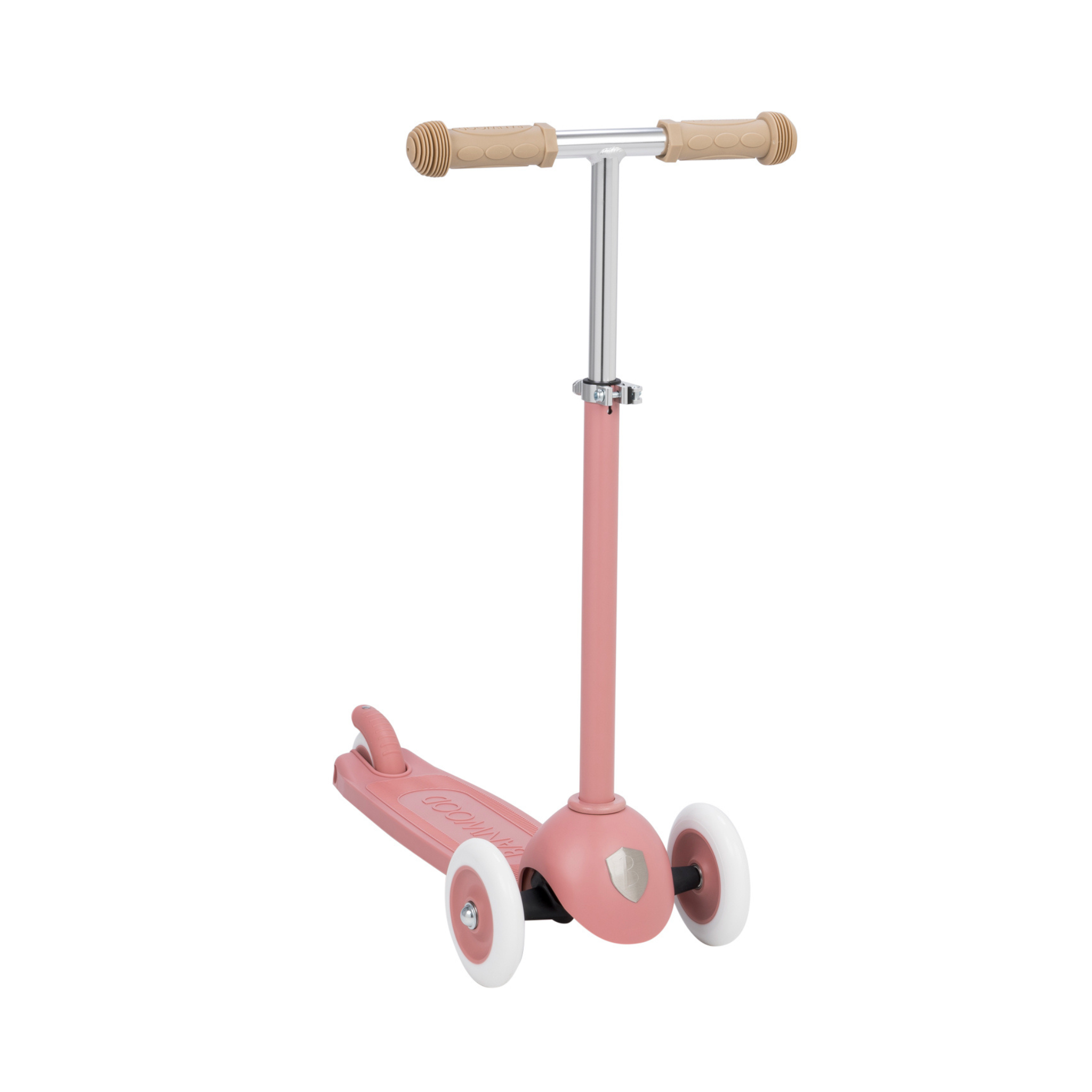 The Banwood Eco Scooter Raspberry by BANWOOD is a pink three-wheel children's scooter, featuring recycled plastic construction, a silver handlebar, tan grips, and a T-bar design. It stylishly combines fun with sustainability.