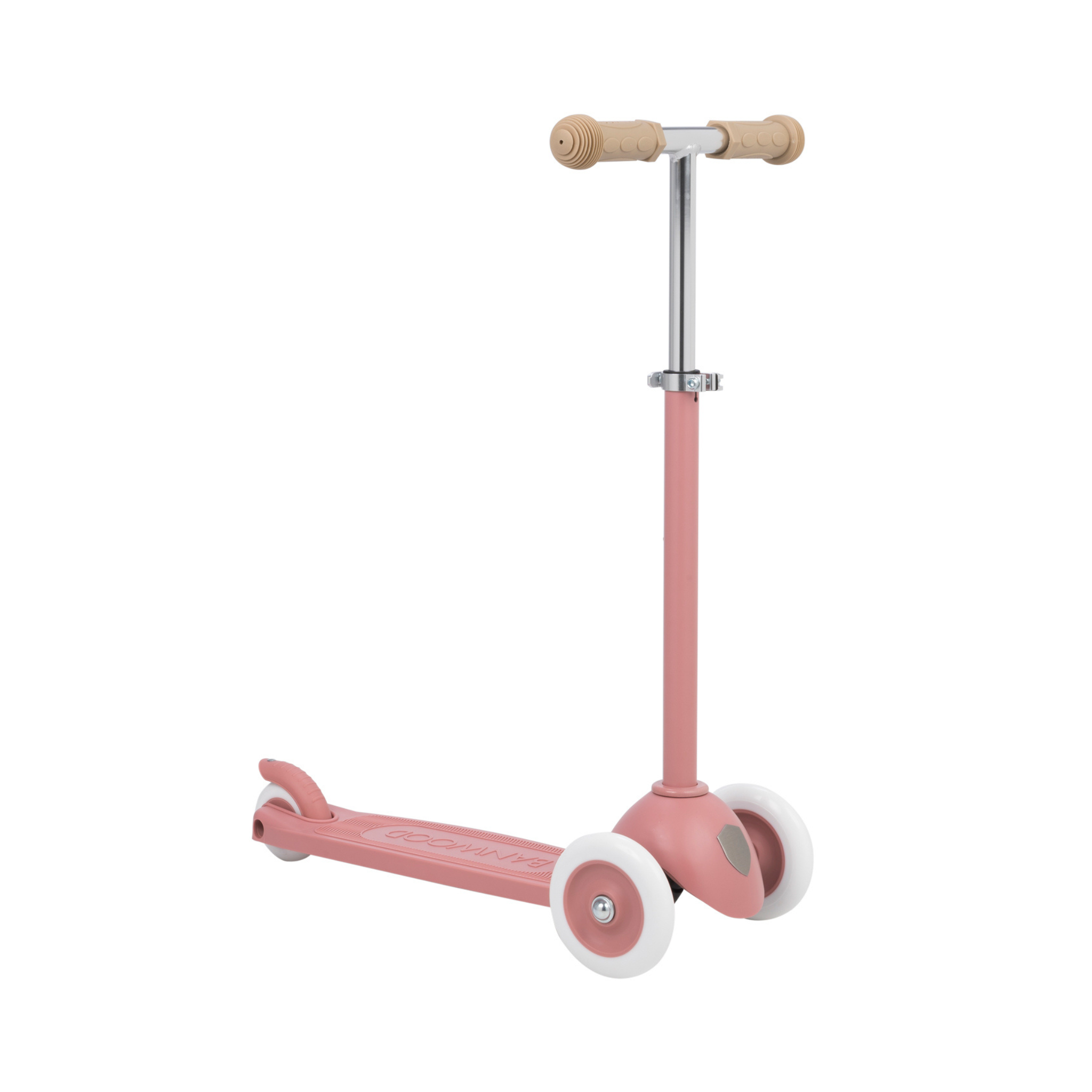 The Banwood Eco Scooter Raspberry by BANWOOD is a pink, three-wheeled scooter with white wheels and tan handles. It boasts a sleek design with a sturdy metal frame, sustainable construction using recycled plastic, and "Scoot and Ride" on the footboard.